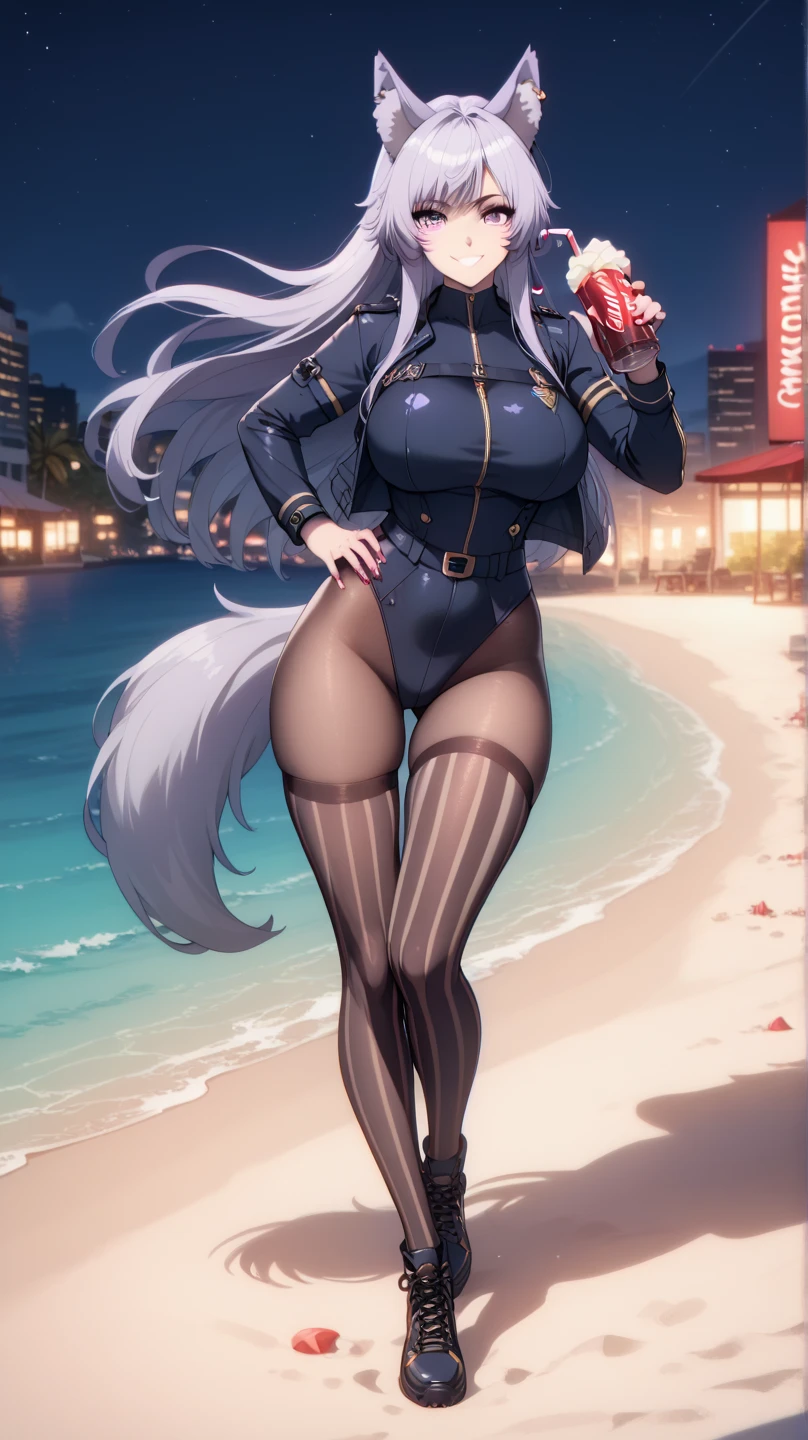  From the eminense of shadow Sexy Delta, Awesome 1girl  , Alone, wearing a tight tactical suit , cola,facial brand, purple eyes,  professional, highly,  wolf ears,  on a beach at night,  foot cream,  big breasts, thigh-high striped tights,  standing, full body