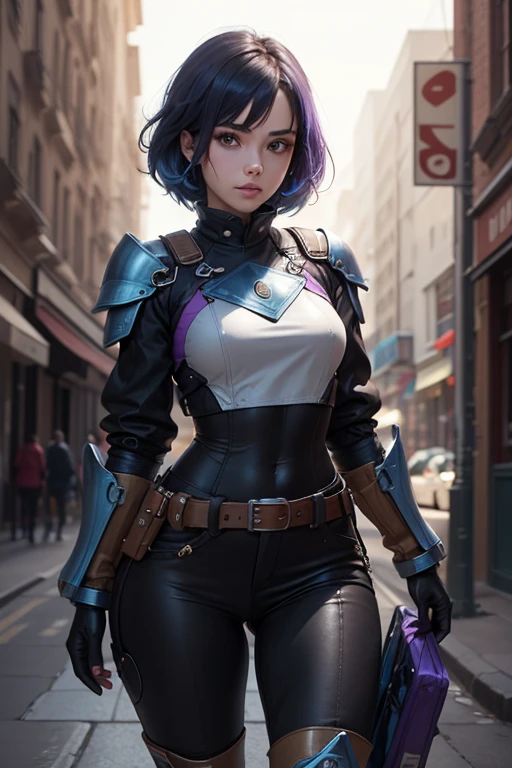 Anime style girl with futuristic combat clothing for Secret Agent   ,   short black hair with tips dyed dark blue    ,     designed with a modern and bold style    . Her hair is slightly disheveled to give it a dynamic and youthful touch. Her eyes are large and a deep blue color,  that reflect trust and strength    .
1. General tones     :      Dark colors such as black and metallic gray     ,      with shiny details in shades of neon blue and purple that give her a modern look     .


2. jacket:  A fitted jacket with a metallic finish .      It has luminous patterns on the edges and shoulders     ,      suggesting advanced functionality     ,      perhaps such as light armor     .


3. Gloves: Gloves largos y ajustados que parecen tener paneles tecnológicos en las muñecas,      with bright lines that connect with the rest of the suit     .


4.      Belt and details     :      A belt with a utility design     ,      predominant with compartments that could be tools or small weapons      ,      according to a combat style in an advanced environment     .


5.      Pants and boots     :      Tight pants with technological details and visible seams that are combined with tall boots of resistant design,      ideal for difficult terrain or action scenarios     .


6.      Additional elements     :    The outfit includes metal plates in some areas and small accessories that     