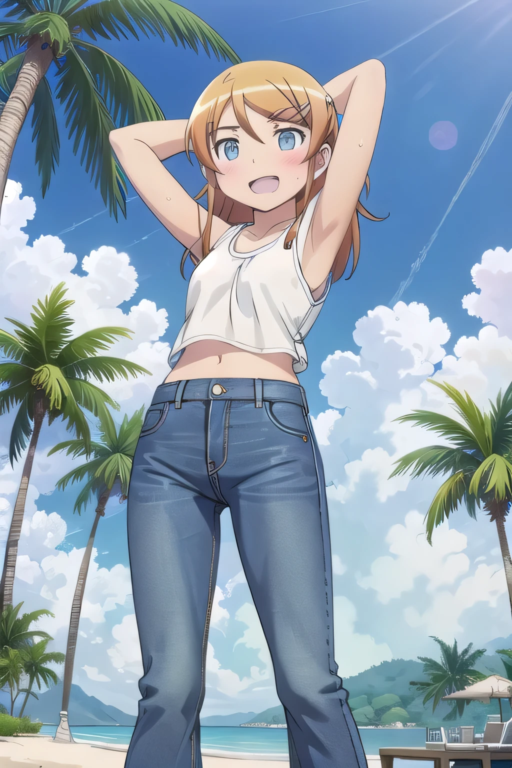 masterpiece,best quality,ultra detail, ((Perfect Face, Perfect Arms, Perfect hands, Perfect Fingers)), 1girl, 14yo, petite, ((round face, ecstasy, orgasm face, drooping eyes, shame smiling, blush)), dropping eyes, sleepy, background((under the beach, (day:1.2), palm tree, bright sky)), Kousaka Kirino, long hair, blue eyes, hair ornament, hairclip, orange hair, aqua eyes, arms behind head, contrapposto, spread armpits, ((invisible hands, invisible fingers)), looking at viewer,, (white tank top:1.2), (white crop top:1.2), (jeans pants:1.2, flares jeans:1.2, skinny jeans:1.2, blue jeans:1.2), standing, (legs spread:1.2), sex pose, Sweaty crotch, Steam from the crotch, from below, full medium body