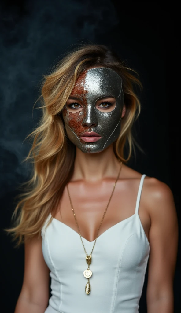 Digital portrait, capturing the (upper body) of a woman. Her entire head and facial features are covered by a (full headed iron mask), made of (rusted metal). She wears long blonde hair, looking like a blend of the ten most popular instagram models, wearing a (white bohemian dress), showing her upper body, makeup, long eyelashes, (naturally soft skin), magic aura, magic mist. ((eyes showing)), upper body, dynamic pose, extreme angle, black smokey backdrop, night