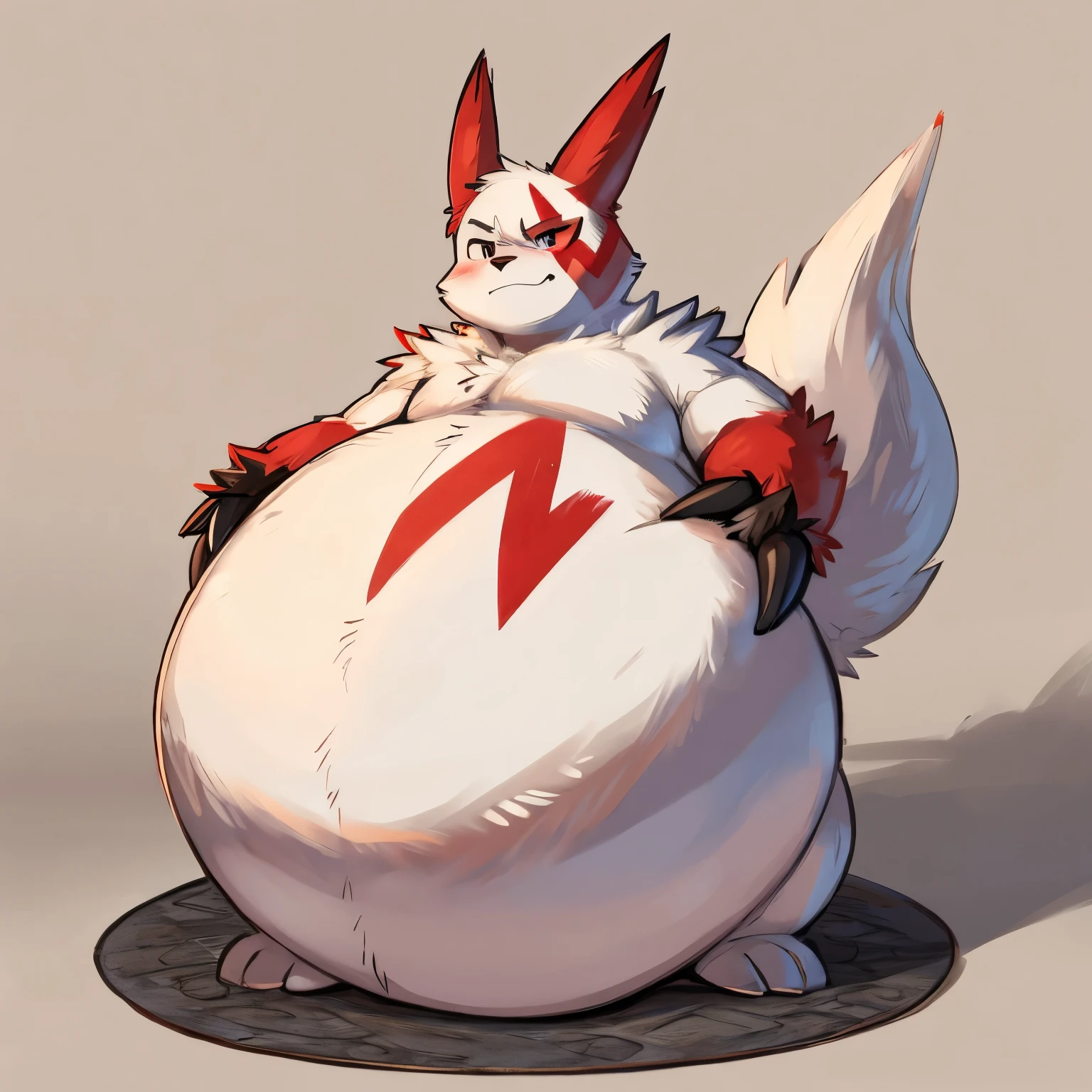 score_9_up, solo, anime (masterpiece, high resolution, detailed background,) (Pefect Face) male Zangoose, anthro, male, pokemon, pokemon \(species\), generation 3 pokemon, embarrassed, blushing, (inflated arms:1.1), (inflated legs:1.1), (hyper belly:1.2), nude