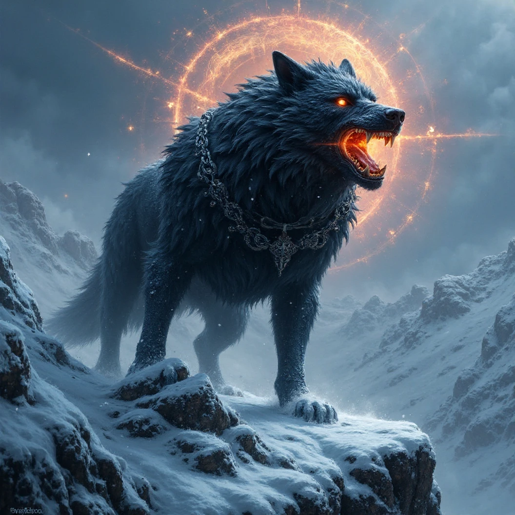 Ginormous black wolf sits like a guard at the peak of a snow covered mountain, looking over a snowfilled valley. Facing viewer. The wolf snarling and his eyes are fiery. His pelt is scarred and his body is wrapped in chains. A blizzard wails around him, blowing his thick black fur. Snow falling fast and being blown around. Fiery Viking runes appear in the sky behind him. The name "Cajun Fenrir" sketched in fiery letters between the runes in the sky. Dynamic movement, dynamic posing, High Resolution, Masterpiece, Cinematic, Depth Of Field, Image Fill, Floating particles 