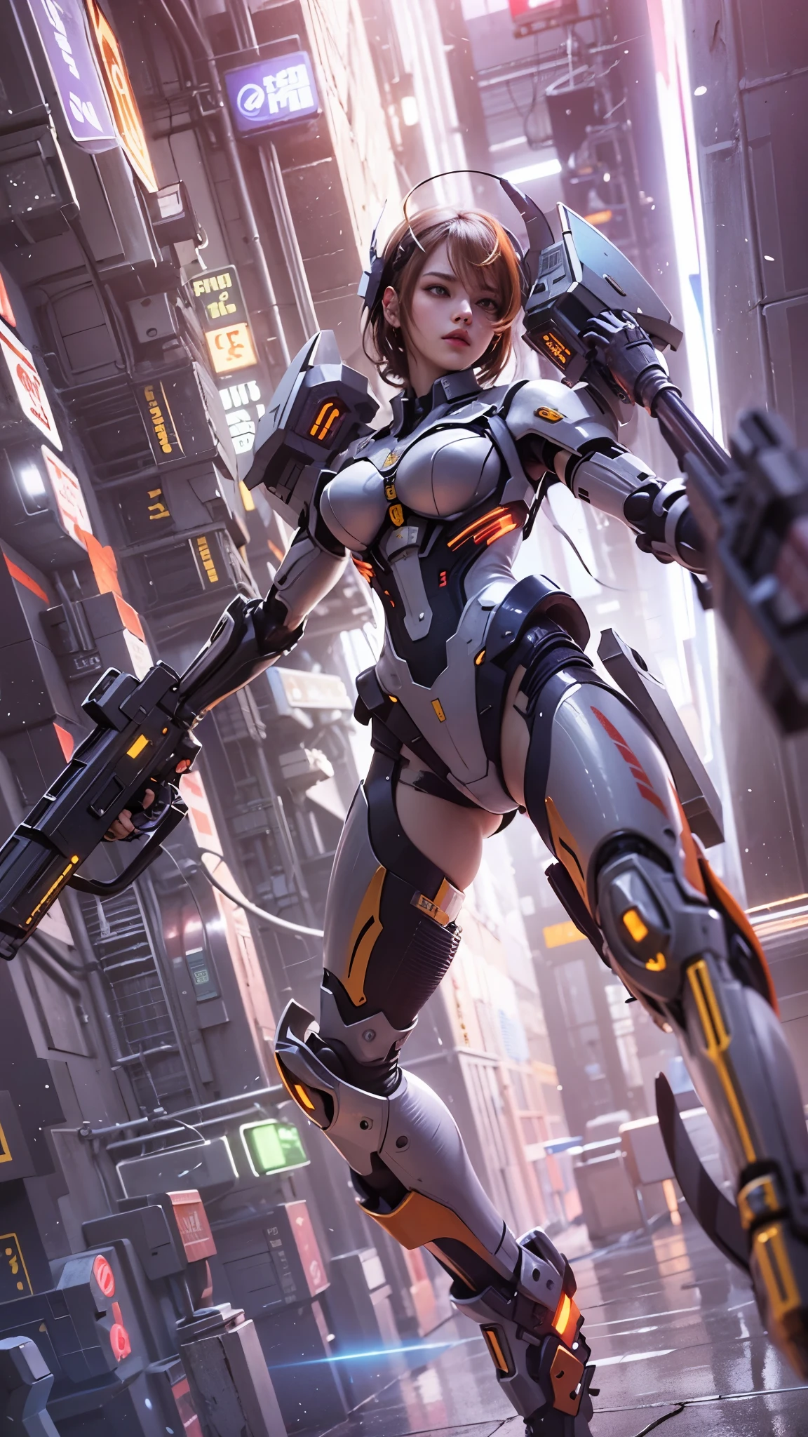 Beauty, medium chest, good figure, mecha, cyberpunk, pyrotechnics, 4k, professional photography, holding a long sword