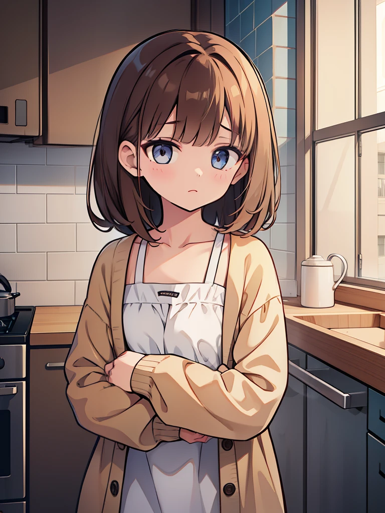 Extremely cute effeminate BOY with shoulder-length brown hair, with brown eyes, with almost flat boy's chest; in a fluffy girly sweater and a wool skirt, with a cup of coffee in her left hand, in the kitchen of the women's dormitory; anatomical authenticity, realistic textures, maximum detail, absolute photorealism, free pose