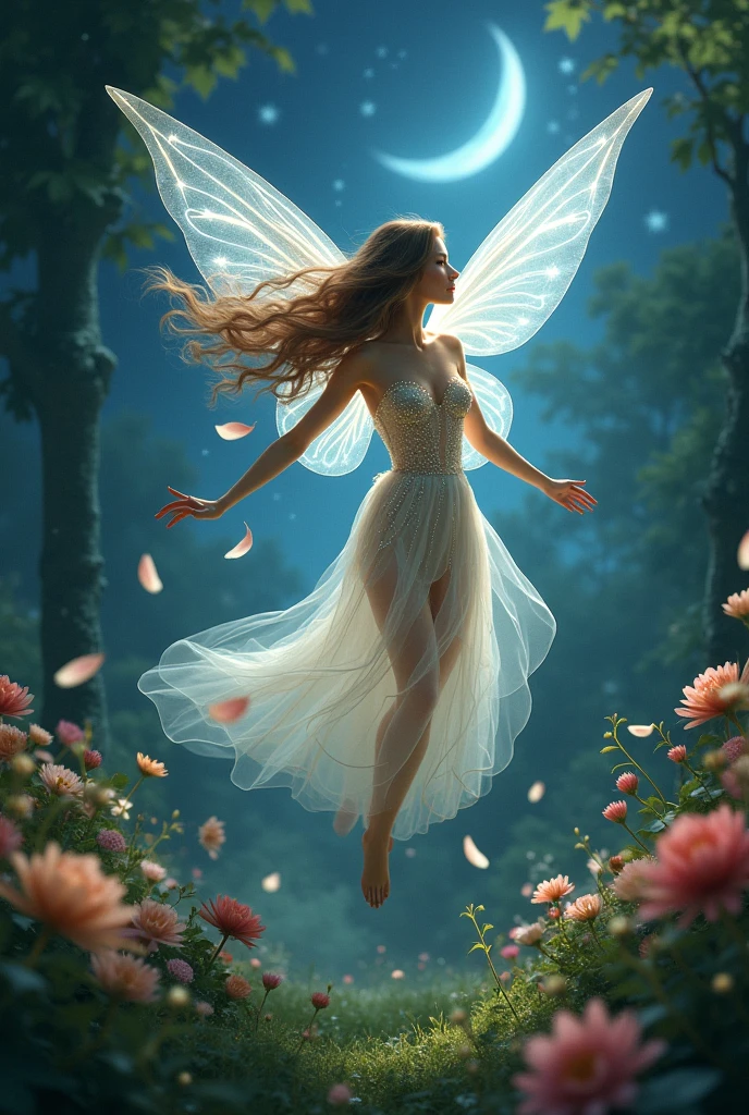  I want to paint a picture of  garden at night which is full of flowers a  fairy lives and she has magical powers