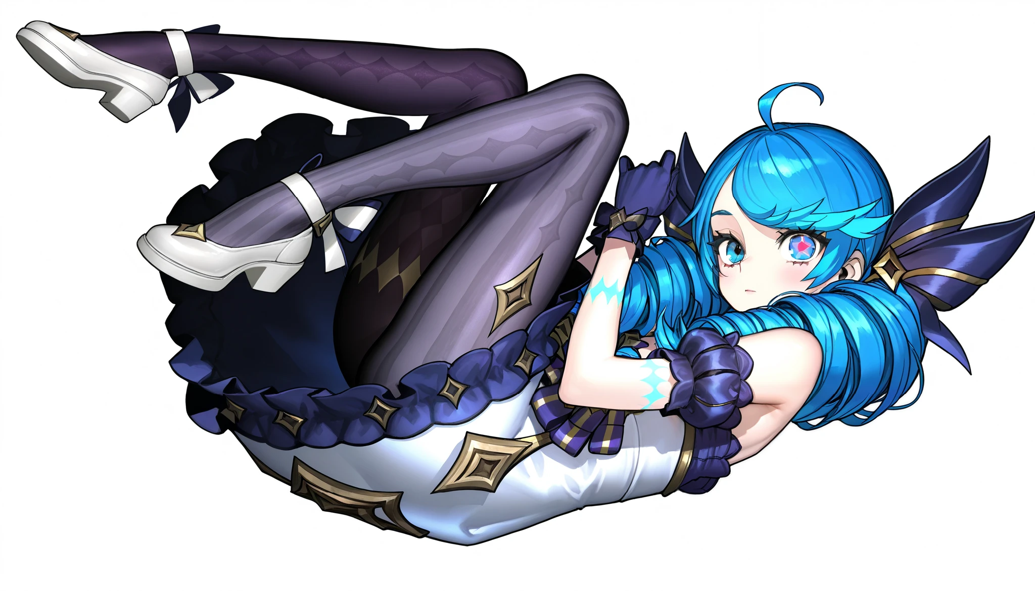(masterpiece、Highest quality、Highest Resolution、Clear_image、Detailed details、The angle is from above): (A full-body view of a single girl with a Japanese face and small face、Navy blue high knot ponytail、Small breasts、Sparkling blue eyes、Pilot suit in white and navy blue colors、Tight fitting clothes、Clothing that covers the whole body、Tight Fit Pants、Hide your skin、Covering the thighs、Cover your shoulders、Very delicate and beautiful、Slim body、Cute、A gentle smile、Soft expression、heroine、headset、Knee-high boots、Elbow-length gloves)、(Simple Background、White background:1.5)