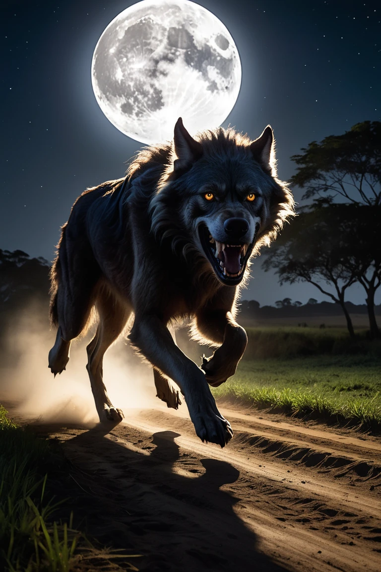 a werewolf, running on all fours, tried to escape .  Being chased by several dogs. Illuminated night with a full moon , Estrada de Fazenda.