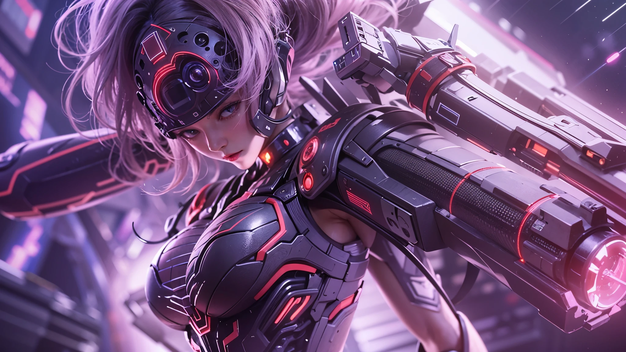 A young and beautiful person,(Highest quality,Extremely detailed depiction,Incredibly absurd high resolution,Anatomically accurate depiction,Curvy Legs),(Glowing Skin),(Futuristic body suit:1.3,Futuristic exoskeleton,Huge assault rifle:1.3),eyelash,(Luminous purple eyes,There is cleavage in the chest,Wicked Smile,Glossy Red Lips,Sweat,A stance with an assault rifle:1.3),whole body,(background:In town),
