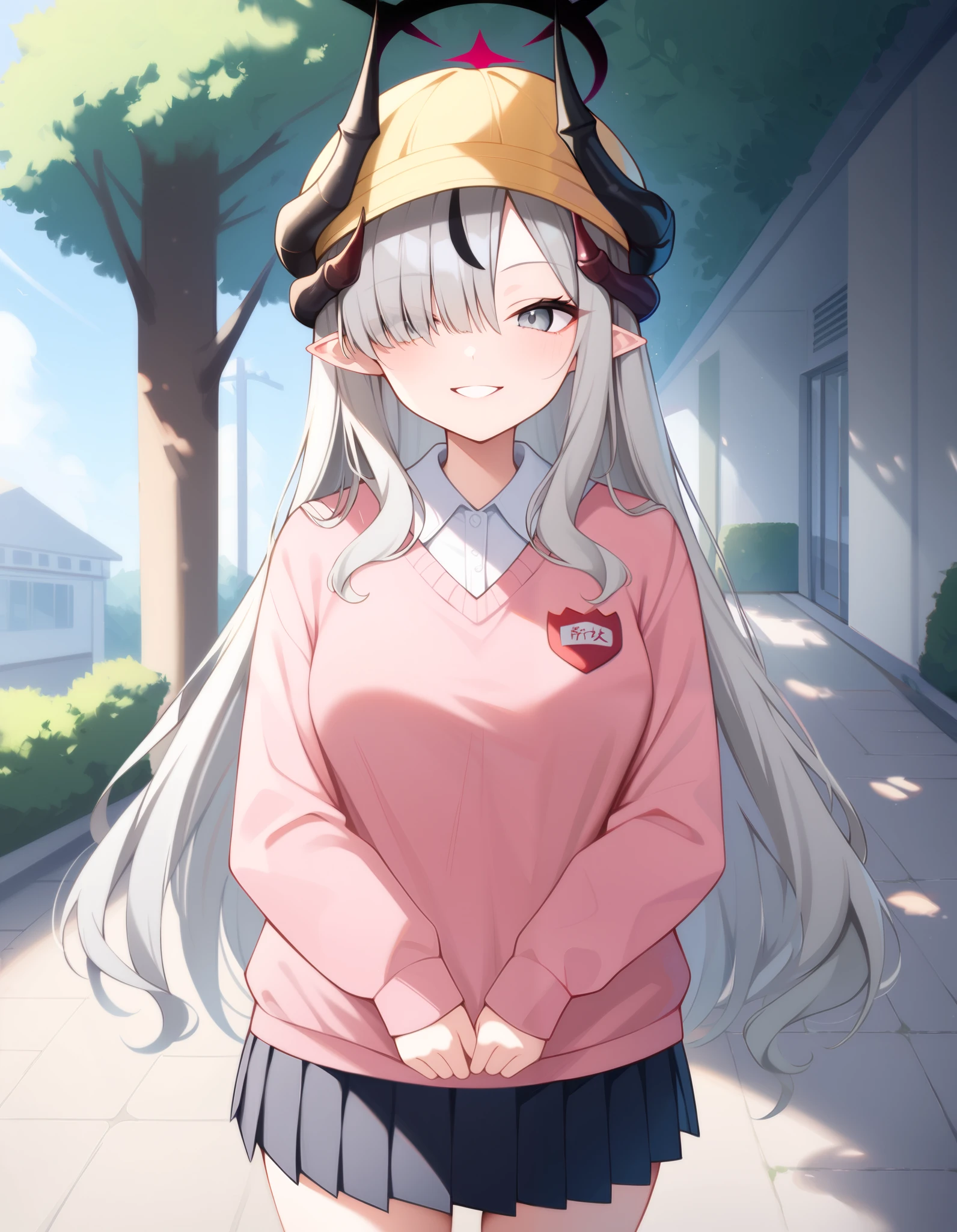 Masterpiece, hd, best quality, makotodef, grey hair, hair over one eye, black headwear, multiple horns, black horns, pointed ears, demon horns, halo, grey eyes, medium breasts,  school hat, yellow hat,  kindergarten uniform, collared shirt, pink sweater, red name tag, pleated skirt, black skirt, outdoor,  smile,  standing, cowboy shot