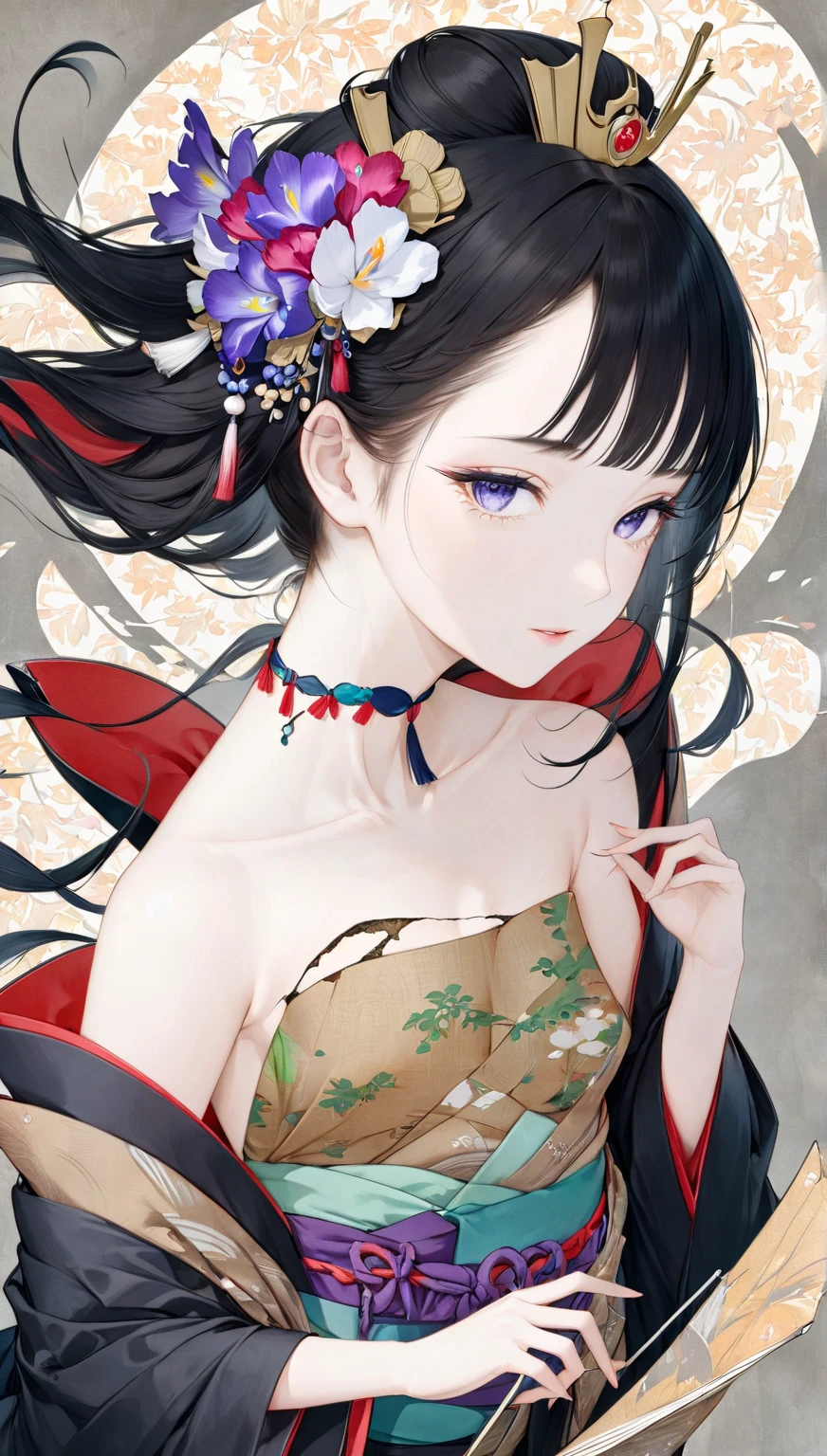 (masterpiece:1,2), best quality, masterpiece, highres, original, extremely detailed wallpaper, perfect lighting,geisha, kimono,Bare shoulder,tattoo,Extreme detail,solo,lustful eyes,look up,Glowing eyes,byobu,moon,Black hair,petal,sexy,open legs,nude,