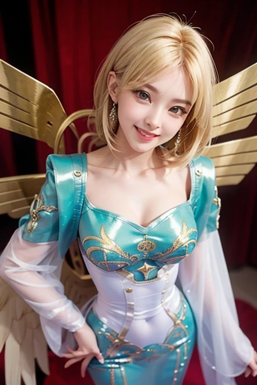 ophanimon,Blonde Hair, mint eyes, laugh,masterpiece, best quality, in detail,cute (big breasts), (split), whole body, gold Angel Wings, Best image quality、masterpiece、8k、Anime Face、A kind smile、 beautiful body 、Cowboy Shot,sexy、Very detailed、highest quality, (((sexy cloth))