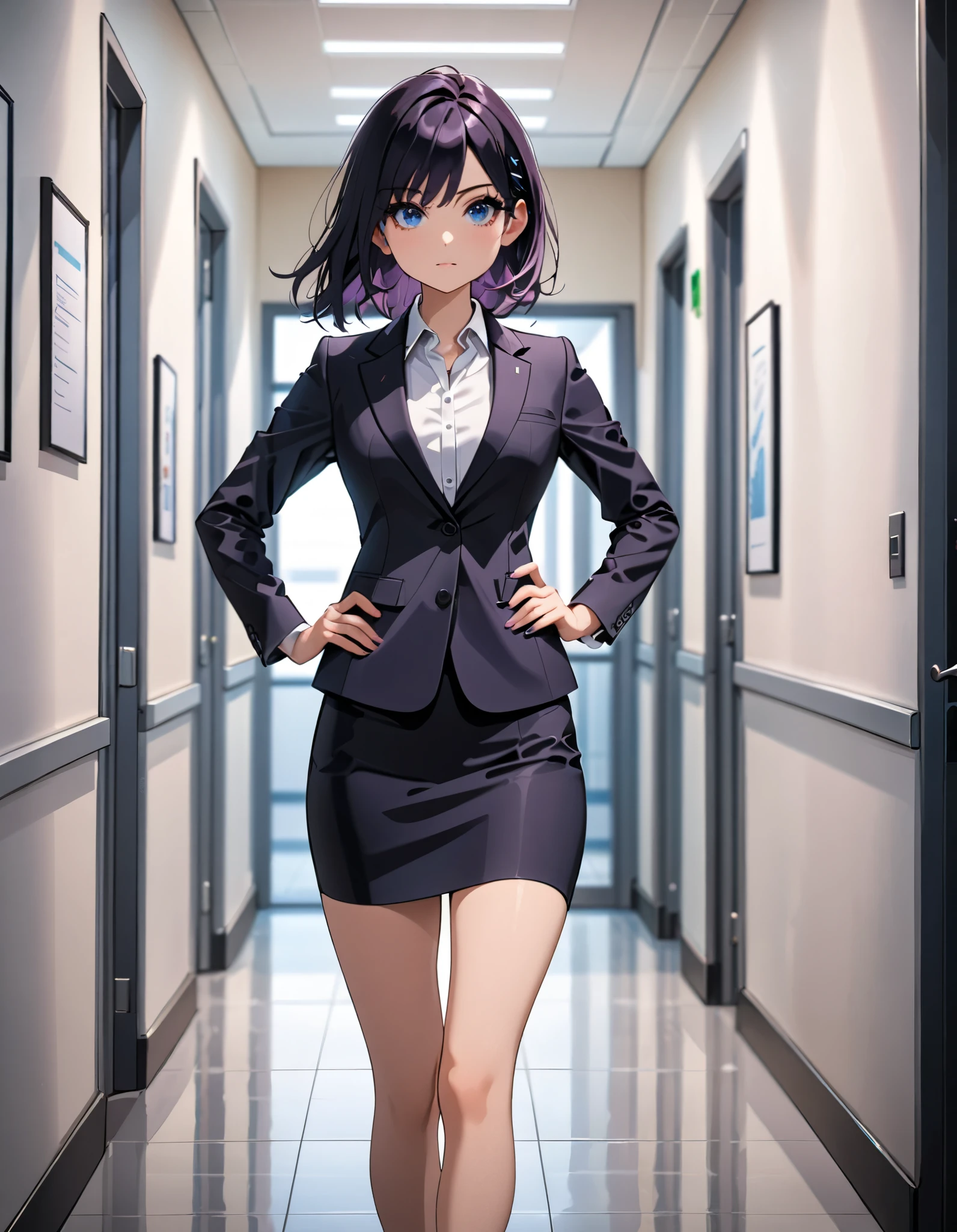 masterpiece, best quality, highres, 1girl, solo, highly detailed, dark purple hair, black hair, blue eyes, black skirt suit, white collared shirt, pencil skirt, , legs, black shoes, office hallway, indoors, depth of field, hands on hip.