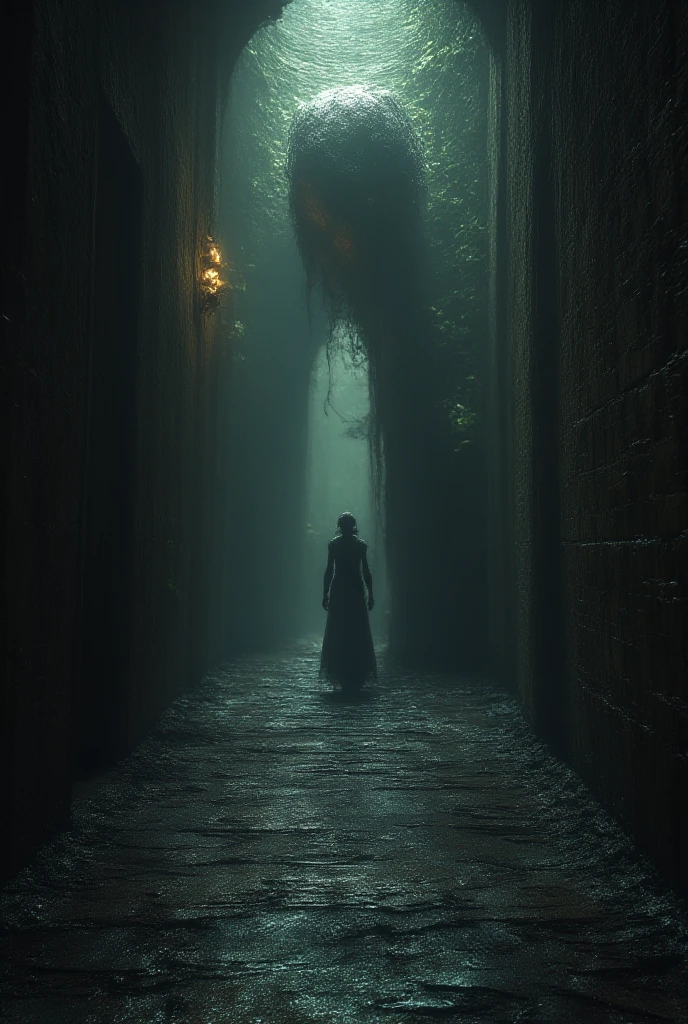 a creepy endless corridor, desolate, disturbed, deserted, dark, eerie, a ghostly figure with twisted head, elongated arms, crooked nails levitated in the background, detailed, cinematic lighting, moody atmosphere, high contrast, dark shadows, supernatural, unsettling, horror, dark fantasy, dramatic