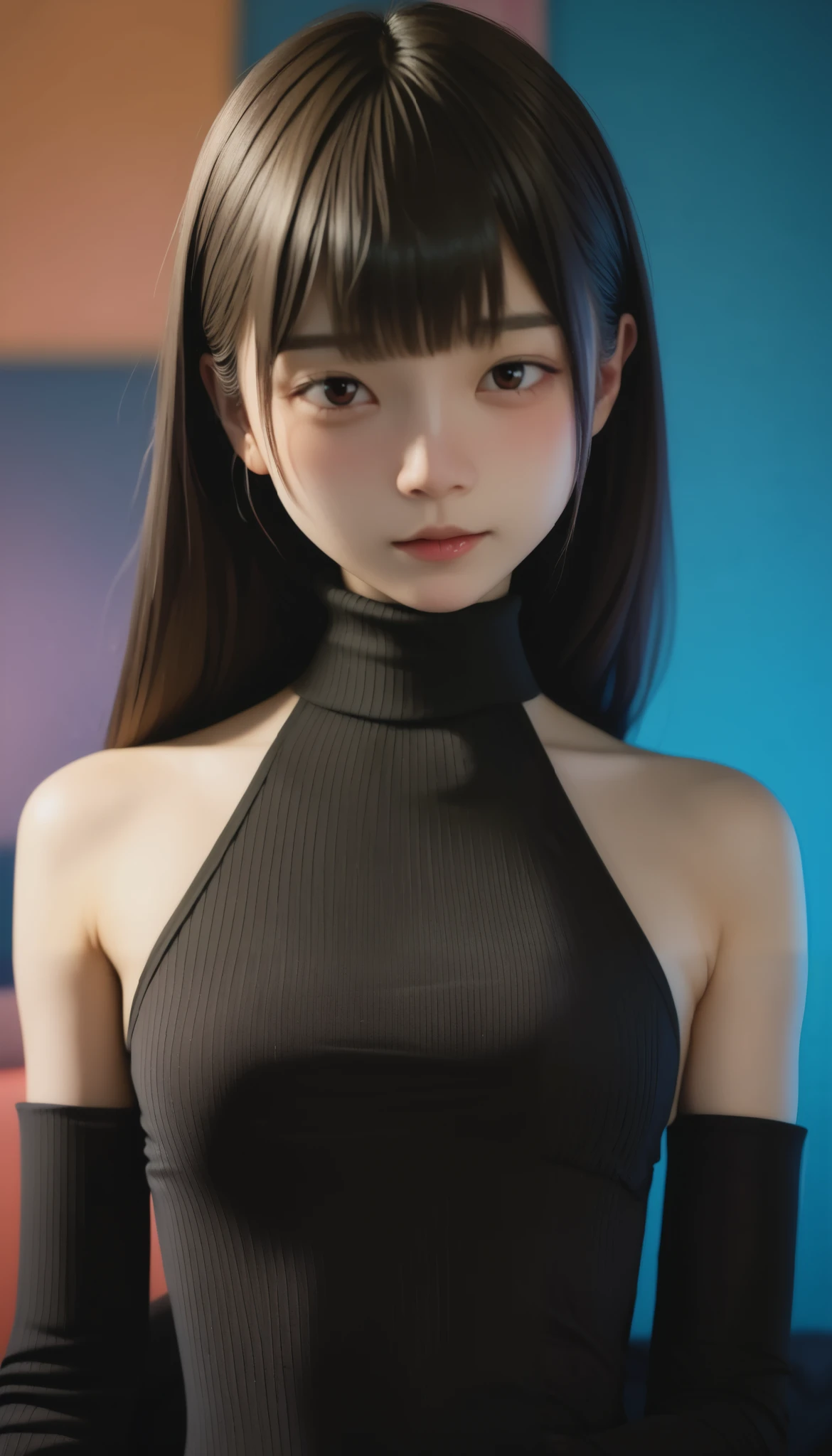   top quality 、 Masterpiece、  perfect anatomy、  black dress、  turtleneck 、 (((**-****-***  girl ,  slim,  short long hair  、bangs)))、  Sex toy on small chest 、indigo background  、 Grungy indigo 、  blurry background 