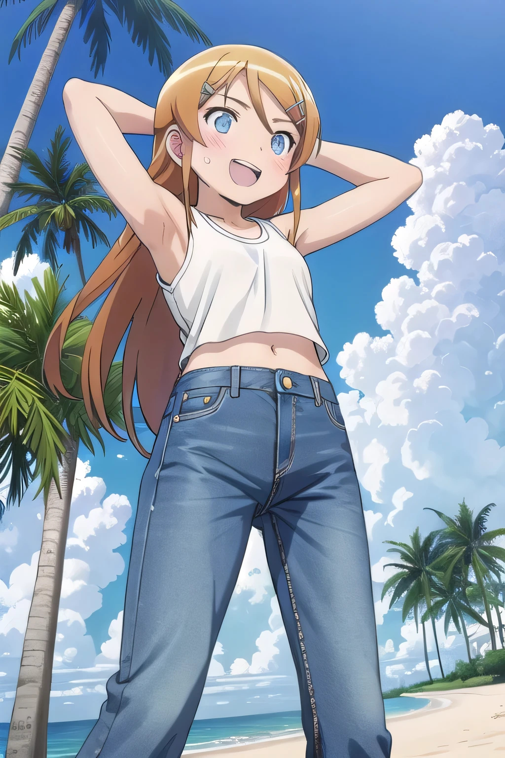 masterpiece,best quality,ultra detail, ((Perfect Face, Perfect Arms, Perfect hands, Perfect Fingers)), 1girl, 14yo, petite, ((round face, ecstasy, orgasm face, drooping eyes, shame smiling, blush)), dropping eyes, sleepy, background((under the beach, (day:1.2), palm tree, bright sky)), Kousaka Kirino, long hair, blue eyes, hair ornament, hairclip, orange hair, aqua eyes, arms behind head, contrapposto, spread armpits, ((invisible hands, invisible fingers)), looking at viewer,, (white tank top:1.2), (white crop top:1.2), (jeans pants:1.2, flares jeans:1.2, skinny jeans:1.2, blue jeans:1.2), standing, (legs spread:1.2), sex pose, Sweaty crotch, Steam from the crotch, from below, full medium body