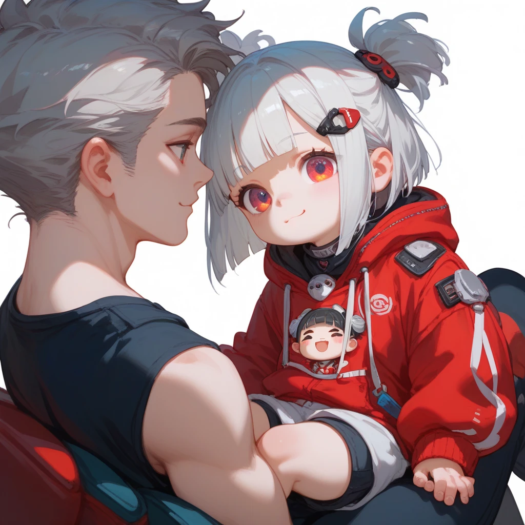 "A young boy with bright grey hair , hime cut , bright skin, and the soft expression , wearing future clothing , red clothes.  The boy sitting . The white background , gives full focus to the character of the boy , cute chibi , hair clip ,"