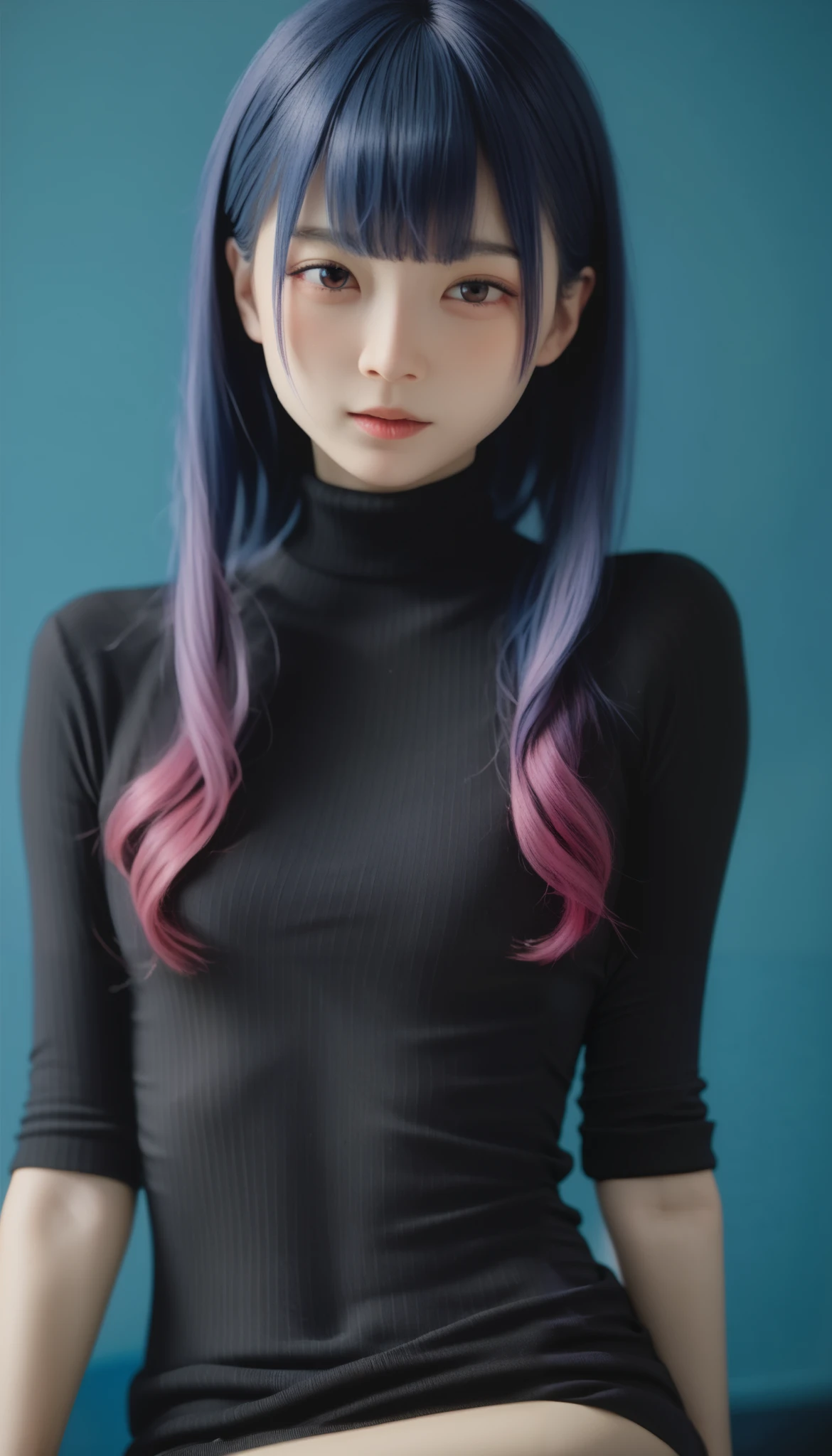   top quality 、 Masterpiece、  perfect anatomy、  black dress、  turtleneck 、 (((**-****-***  girl ,  slim,  short long hair  、bangs)))、  Sex toy on small chest 、indigo background  、 Grungy indigo 、  blurry background 