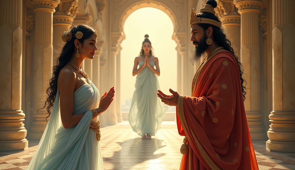 krishna appear normal as king,  guiding drapudi dress her like saint women in sad situation with empty vessel without food to serve sainta