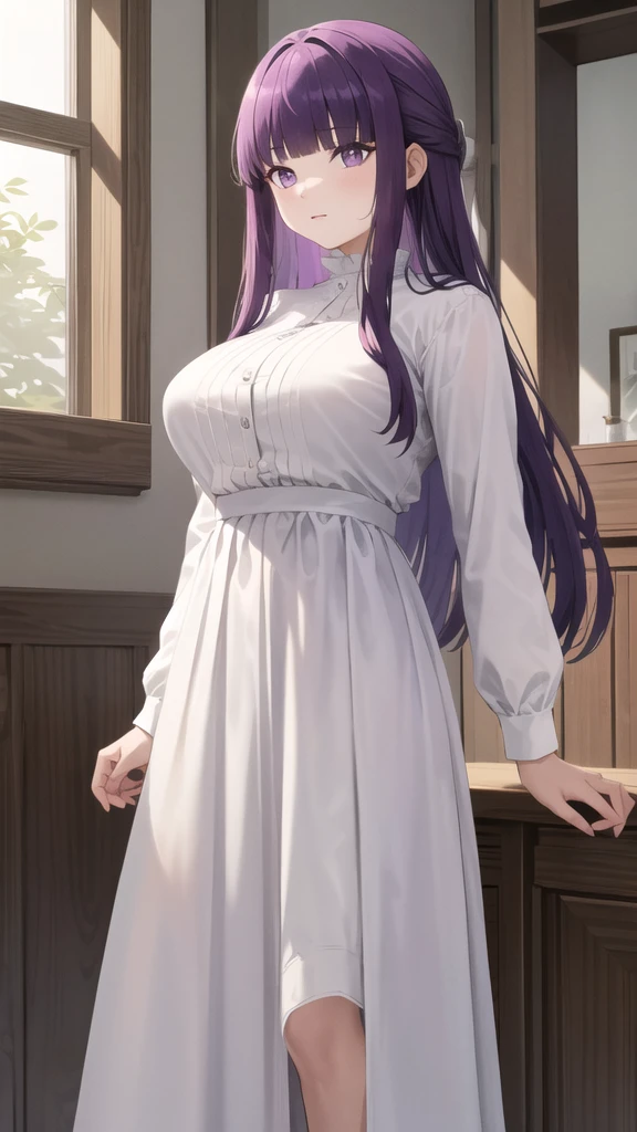 Super detailed, (NSFW), masterpiece, High resolution, Photorealistic digital art, Cinematic lighting, (((1 girl, perfect anatomy))), accurate right hand, accurate left hand, five fingers, (((perfect style))), Fern, purple eyes, glossy lips, purple long hair, shiny skin, (Pure white long sleeve blouse, pure white long skirt, very Long skirt), see-through, Focus on the groin,