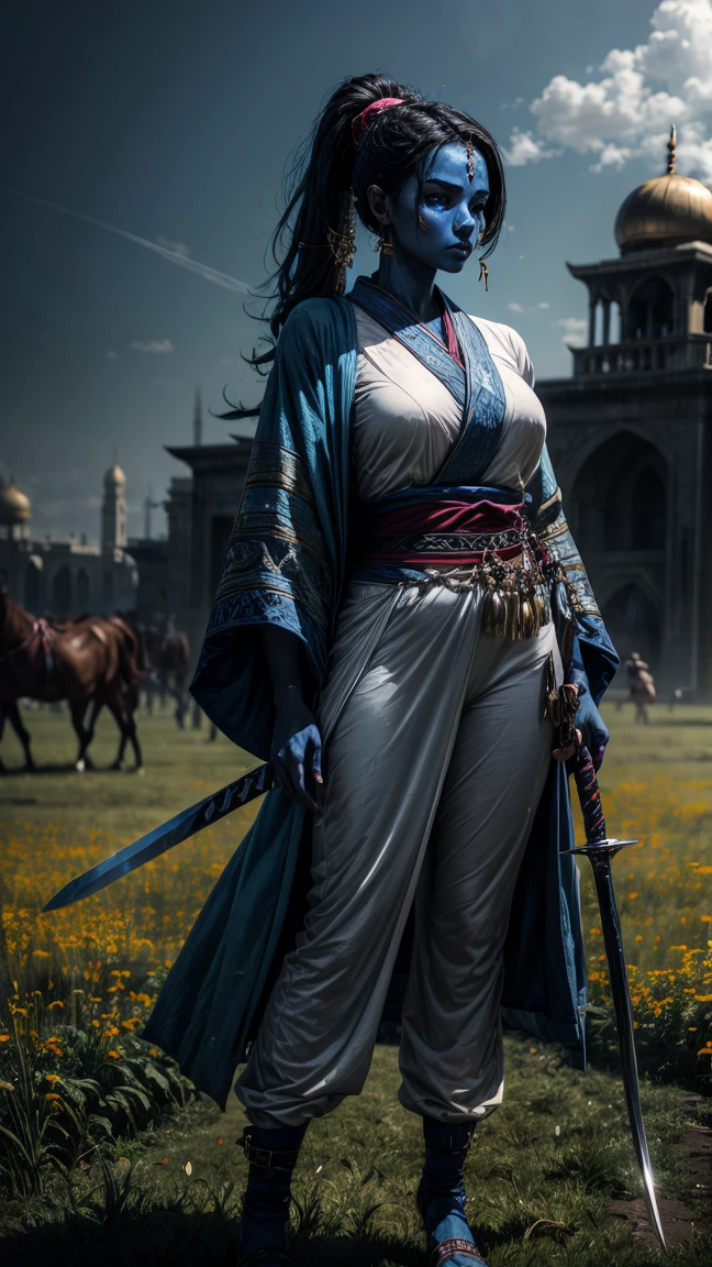 score_9, score_8_up, score_7_up, Raw Photo, arab woman, (((blue skin))), (((black hair))), indian woman, arabian ((rogue battle white robes)), pants, ponytail, perfect body, showcasing her full body from head to toe,  katana swords, field background .  (best quality,4k,8k,highres,masterpiece:1.2), HDR,UHD,studio lighting,ultra-fine painting,sharp focus,physically-based rendering,extreme detail description,professional, 