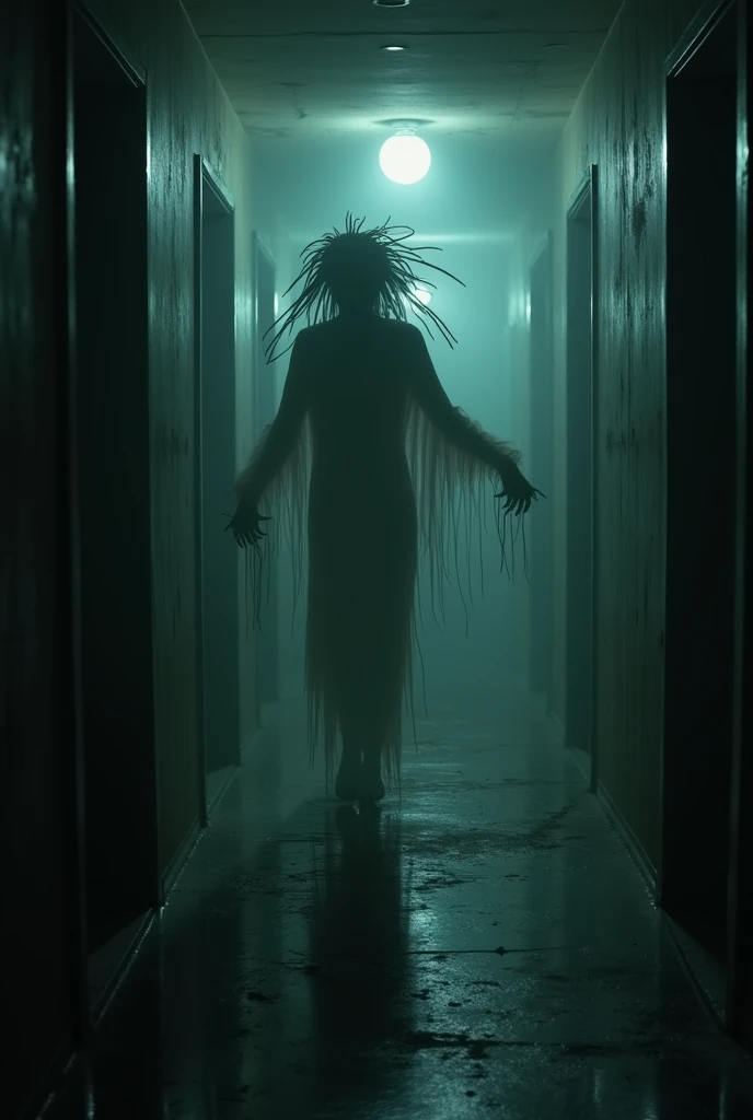 a creepy endless corridor (((no end))), desolate, disturbed, deserted, dark, eerie, a ghostly figure with twisted head, elongated arms, crooked nails levitated in the background, detailed, cinematic lighting, moody atmosphere, high contrast, dark shadows, supernatural, unsettling, horror, dark fantasy, dramatic