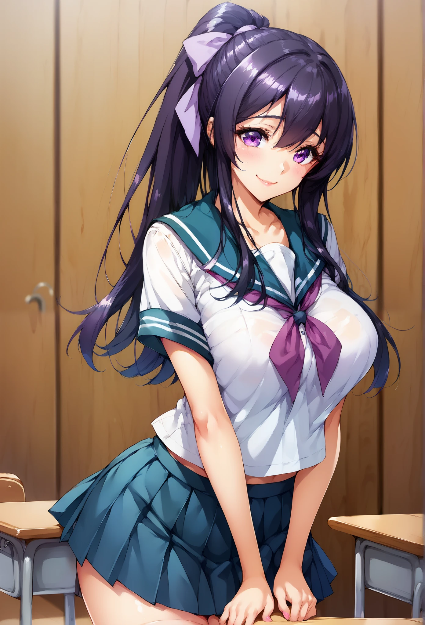 Masterpiece, best quality,Nozomi Tojo,low twintails ,big breasts, unbuttoned shirt , skirt,earrings, in class, sitting above desk table, love live style , one breast out ,wink, showing her panties ,shy,(spread legs:0.7)