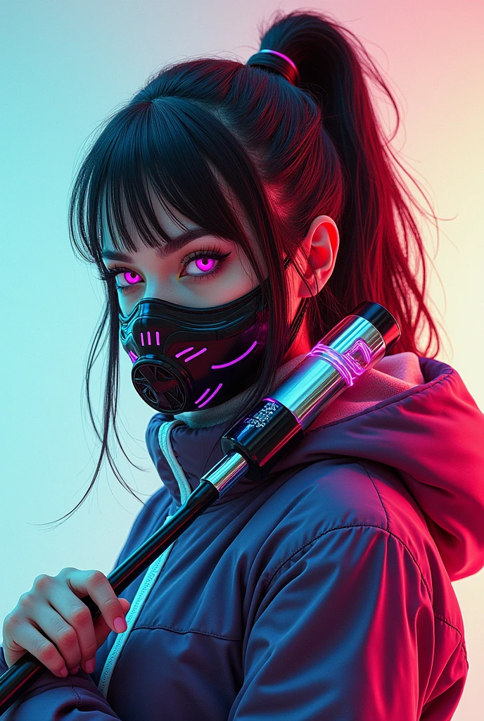 a young women, wearing full mask, cyberpunk theme, colourful, hand duster, half body, plain background