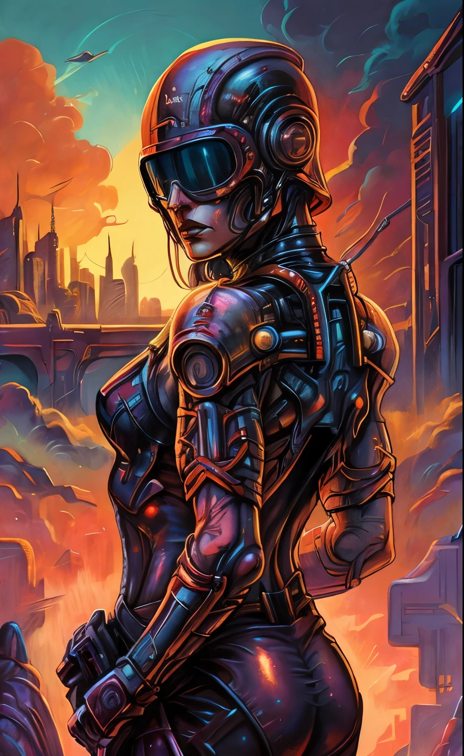 wearing a futuristic helmet 、 Closeup of woman wearing red lipstick, Cyberpunk Jackie Wells , [cgsociety 9, style = retrofuturism , Muscular Beautiful Android Woman , Portrait of a female bionic , retro futuristic fashion , Still from the movie 《blade runner》, Female Bodybuilder at the Resource Center, Moebius aesthetics, Alien robot movie drama , depicting a sci-fi scene , Bodybuilder Combining Muscles and Mechanics ,Muscle Abs,Muscular thighs