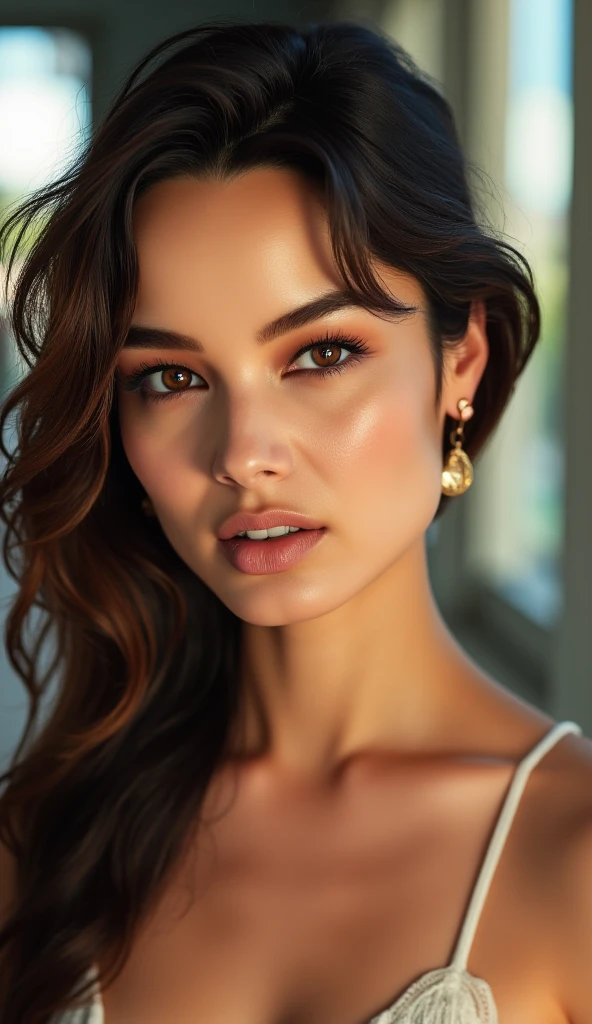 Charming 20-year old woman, looking like the blended looks of popular instagram models, photorealistic, HDR