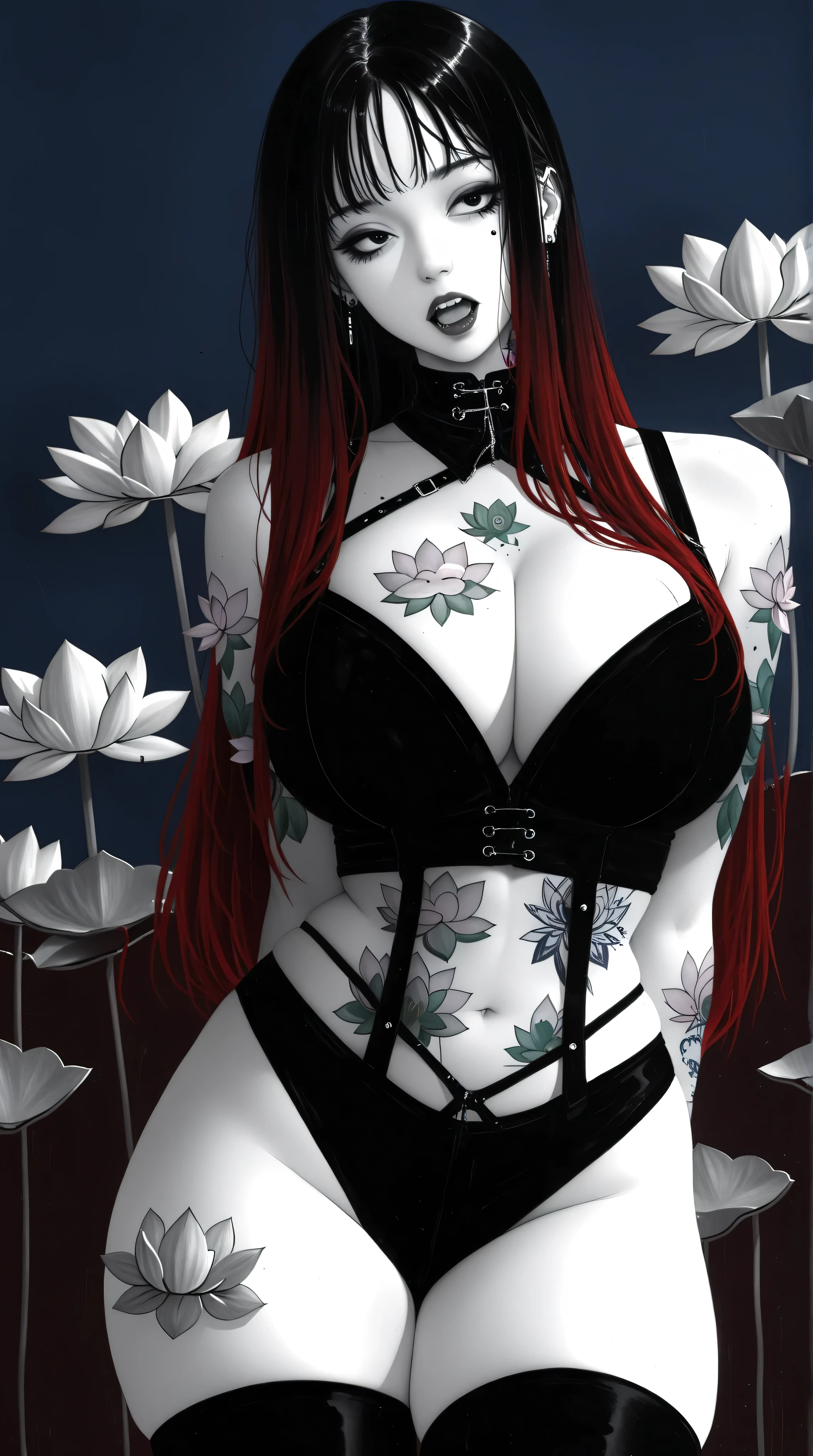 a mysterious woman in spooky gothic make-up with big breasts and a seal tattoo carrying a bunch of thorny black roses and red patches around the flowers in an unconventional arrangement, surrounded by spooky, magical, mystical, magical, strange and mesmerizing trees, there is Japanese writing hologram,incredibly absurdres, ultra detailed, high resolution, realistic lighting, photorealism, hyperrealism,masterpiece,vibrant colors,stunning visuals,ultra skin texsture,stable diffusion,perfect anatomy,crazy details