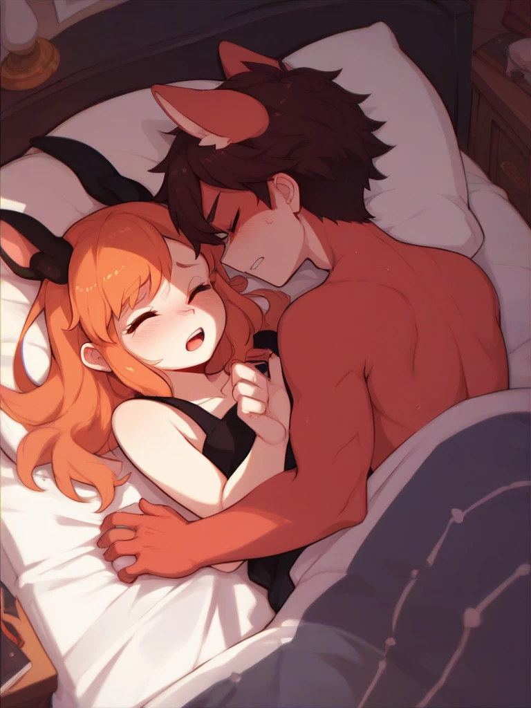Surtr(Arknights),red hair,purple eyes,curvy body,big breast,big hips,fully naked very wet body,nsfw,bred by a black man(faceless,bald, a bit fat,black skin),has a black cock,fully naked mating on bed,sex scene, romantic, midnight setting, bedroom, cheating wife, netorare, illicit affair,((Kamasutra art style)).