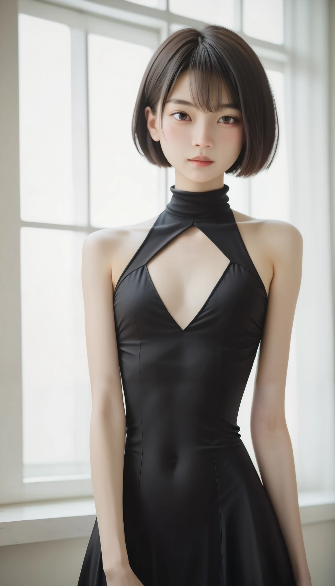 Highest quality、masterpiece、Perfect Anatomy、Center of chest,Black Dress,turtleneck, (((****************, slim, short hair)))、Small breasts、Small breasts、Flat Chest、turtleneckのニット