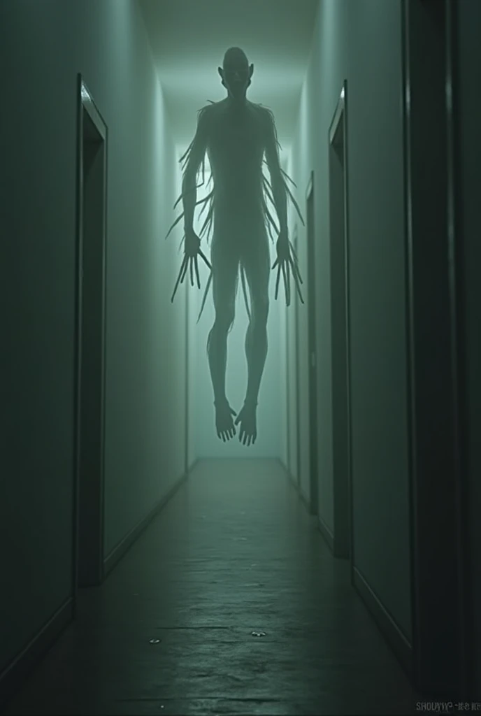 a creepy endless corridor (((no end))), desolate, disturbed, deserted, dark, eerie, a ghostly figure with twisted head, elongated arms, crooked nails levitated in the background, detailed, cinematic lighting, moody atmosphere, high contrast, dark shadows, supernatural, unsettling, horror, dark fantasy, dramatic