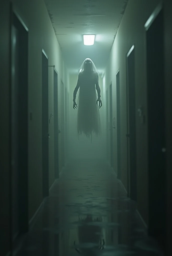 a creepy endless corridor (((no end))), desolate, disturbed, deserted, dark, eerie, a ghostly figure with twisted head, elongated arms, crooked nails levitated in the background, detailed, cinematic lighting, moody atmosphere, high contrast, dark shadows, supernatural, unsettling, horror, dark fantasy, dramatic