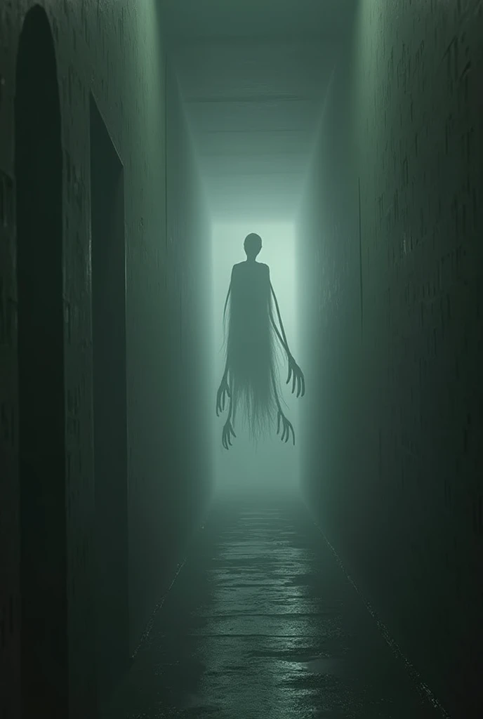 a creepy endless corridor (((no end))), desolate, disturbed, deserted, dark, eerie, a ghostly figure with twisted head, elongated arms, crooked nails levitated in the background, detailed, cinematic lighting, moody atmosphere, high contrast, dark shadows, supernatural, unsettling, horror, dark fantasy, dramatic