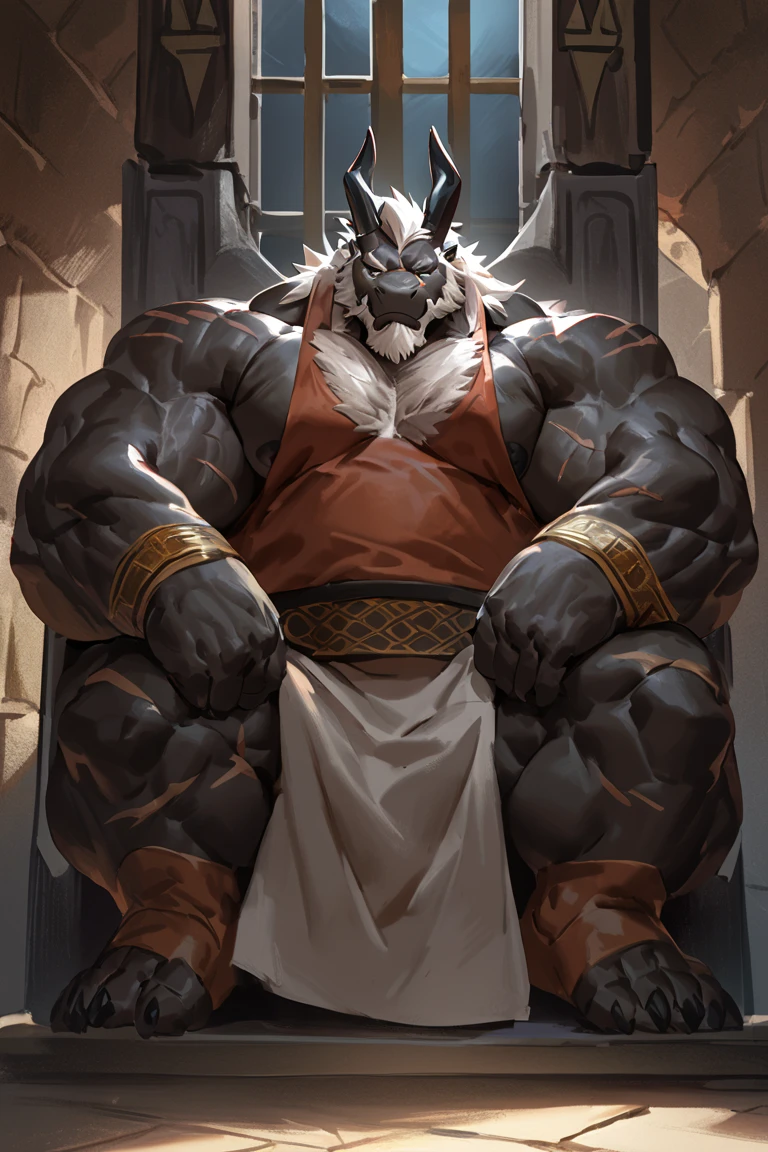 (epic,dynamic poses,dynamic angle,Alone,portrait),male,furry,((by lindong,by jacketbear)),nipples,alone,1boy,Huge Muscular,((furry,huge dragon daddy,dragon,tyrant,black body,white hair,Masculine,handsome face,scars,middle age,horn)),((serious face,Wear ancient Greek clothes)),thick chest hair, armpit hair,pectoral,(Muscular),hairy,(hair,  tank top  :1.3,clean face),(((in castle,gloomy,sitting on the throne,full of oppression))),((strong physique,tall and huge,tall,golden ratio body,wide shoulder,wide pec,huge pec,thick arms),hair,bearded,detailed,huge pectoral,wide pectoral),masterpiece,semirealistic:1.2,high detailed,8k,high resolution,pose,looking to camera,anatomically correct,best quality,sfw,high detail.((Add textures and details to make the image more realistic.))((Make sure the resulting image is high resolution,8K quality.))((detailed head,detailed eye,detailed face,detailed body,detailed hand))