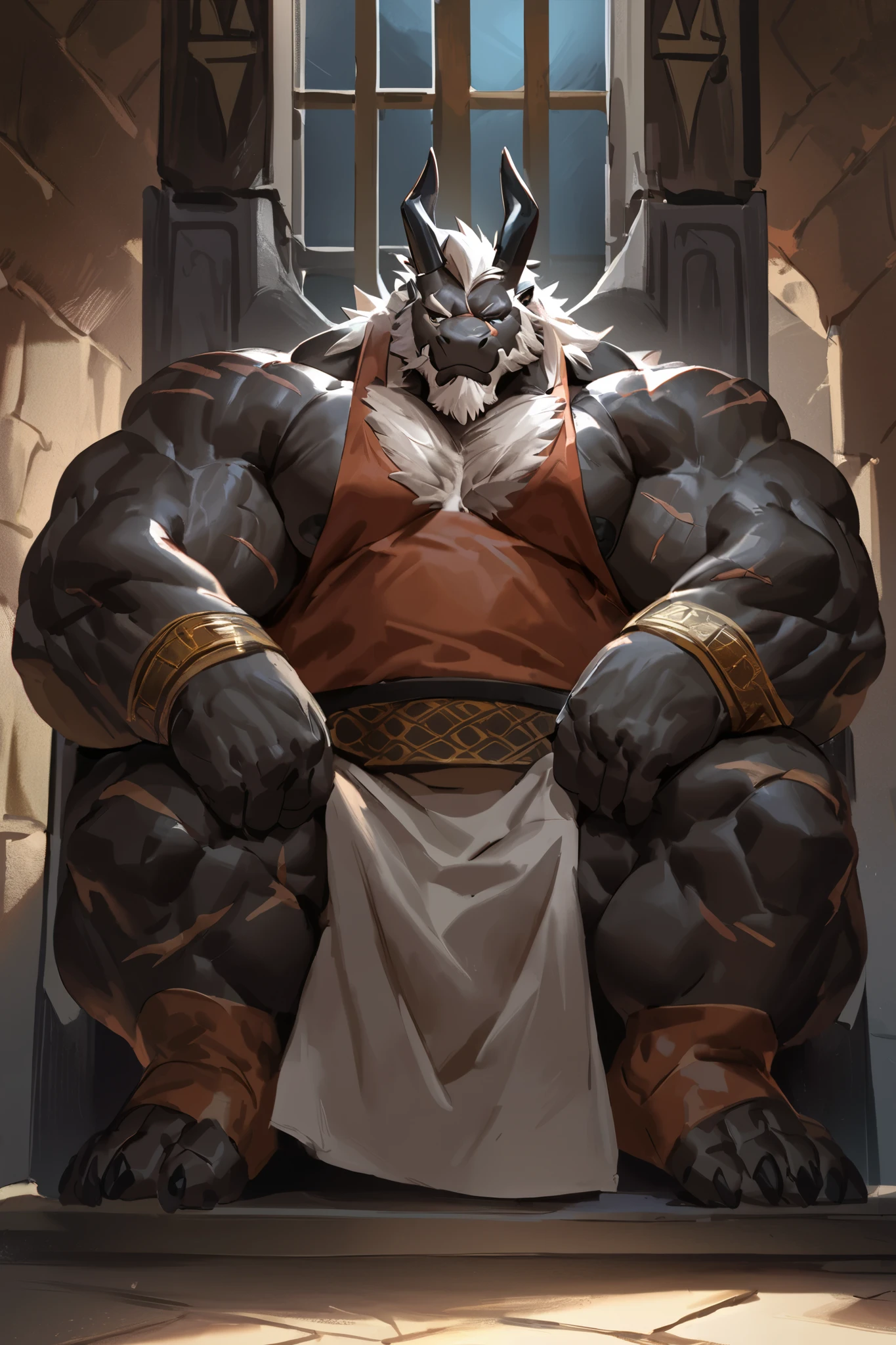 (epic,dynamic poses,dynamic angle,Alone,portrait),male,furry,((by lindong,by jacketbear)),nipples,alone,1boy,Huge Muscular,((furry,huge dragon daddy,dragon,tyrant,black body,white hair,Masculine,handsome face,scars,middle age,horn)),((serious face,Wear ancient Greek clothes)),thick chest hair, armpit hair,pectoral,(Muscular),hairy,(hair,  tank top  :1.3,clean face),(((in castle,gloomy,sitting on the throne,full of oppression))),((strong physique,tall and huge,tall,golden ratio body,wide shoulder,wide pec,huge pec,thick arms),hair,bearded,detailed,huge pectoral,wide pectoral),masterpiece,semirealistic:1.2,high detailed,8k,high resolution,pose,looking to camera,anatomically correct,best quality,sfw,high detail.((Add textures and details to make the image more realistic.))((Make sure the resulting image is high resolution,8K quality.))((detailed head,detailed eye,detailed face,detailed body,detailed hand))