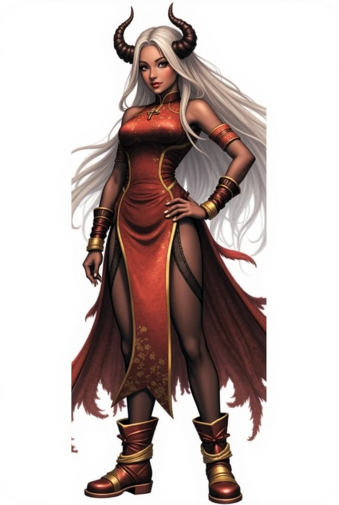 ((z03saldana)) as Jataaka from Mortal Kombat, ((long white hair)), (black loincloth skirt with red lines), (black sleeveless fit top with red lines), (black fit leggings), (high heels), gloves, accessories, make-up, seductive, sexy, hot, sultry, shapely, intricate, high detail, sharp focus, dramatic, photorealistic painting art by greg rutkowski