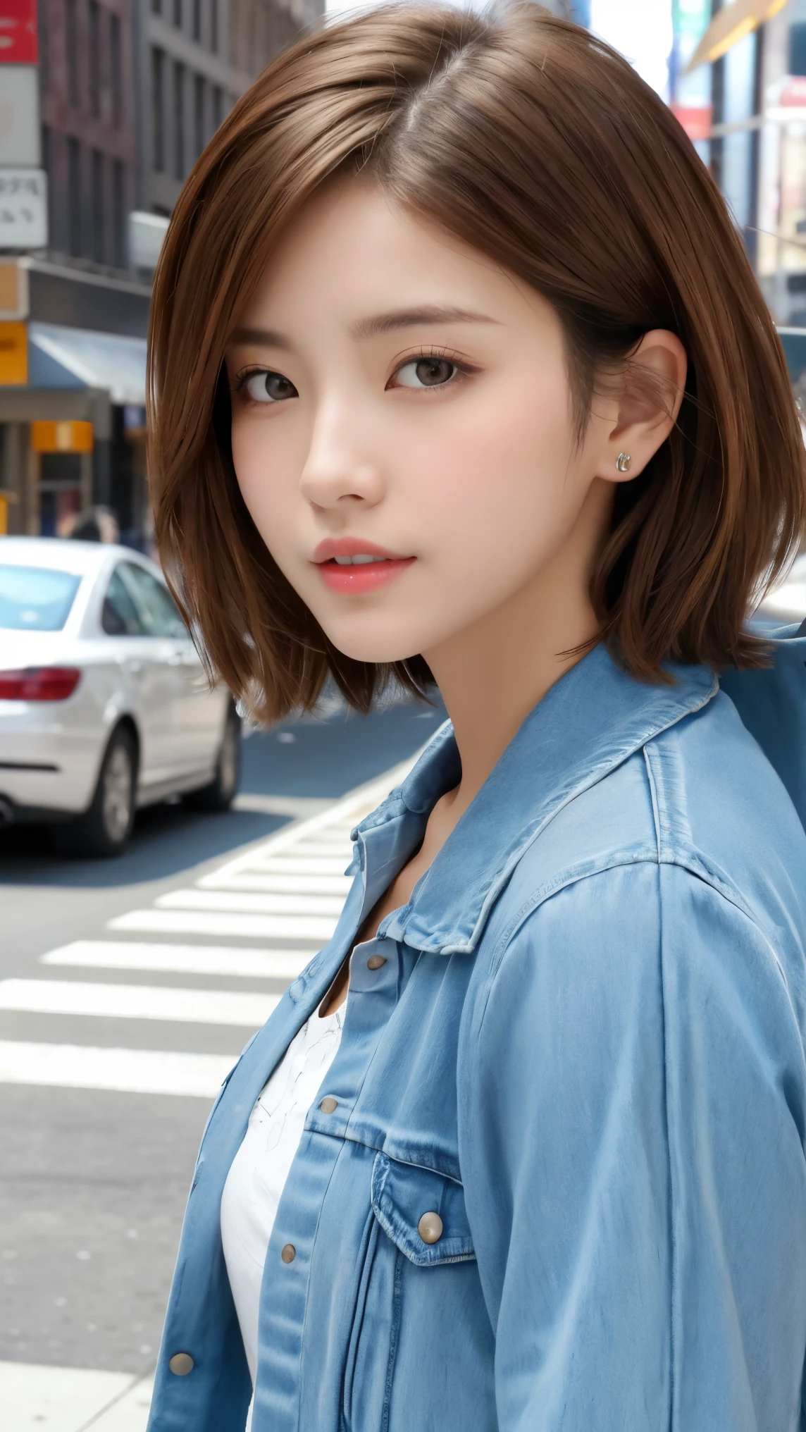 (8K、Raw photo、Highest quality、masterpiece:1.2)、(Realistic、Photorealistic:1.37)、Ultra-detailed、Ultra-high resolution、Beautiful and well-proportioned face,Asian, Lip gloss(Wet lips),Big Breasts,Beautifully detailed skin、Skin Texture、Professional Lighting、Sexy Bust Emphasis cardigan Denim Skinny Full body shot whole body Brown long curly hair She's wearing a remote control vibrator Feeling face