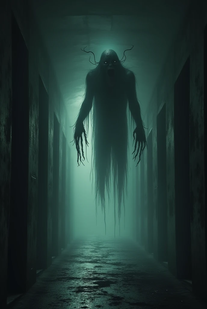 a creepy endless corridor (((no end))), desolate, disturbed, deserted, dark, eerie, a ghostly figure with twisted head, elongated arms, crooked nails levitated in the background, detailed, cinematic lighting, moody atmosphere, high contrast, dark shadows, supernatural, unsettling, horror, dark fantasy, dramatic