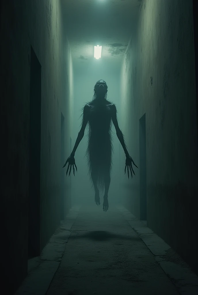 a creepy endless corridor (((no end))), desolate, disturbed, deserted, dark, eerie, a ghostly figure with twisted head, elongated arms, crooked nails levitated in the background, detailed, cinematic lighting, moody atmosphere, high contrast, dark shadows, supernatural, unsettling, horror, dark fantasy, dramatic