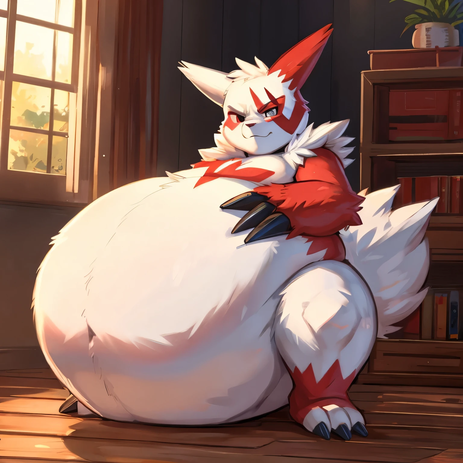 Detailed background,   (Zangoose), male, (hyper belly:1.4), (Muscles:0.8), (Thick legs:1.7),  (fat:1.3), (Chubby Cheeks:1.2), nude,