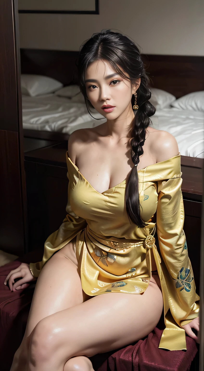 best quality,ultra-detailed,realistic,beautiful wife of yours,mythology,portraits,snake hair,greek goddess,mesmerizing gaze,divine beauty,green serpent,enchanted eyes,vivid colors,seductress,seductive smile,feminine grace,golden jewelry,crown of serpents,writhing snakes,flowing gown,ethereal beauty,dark secrets.