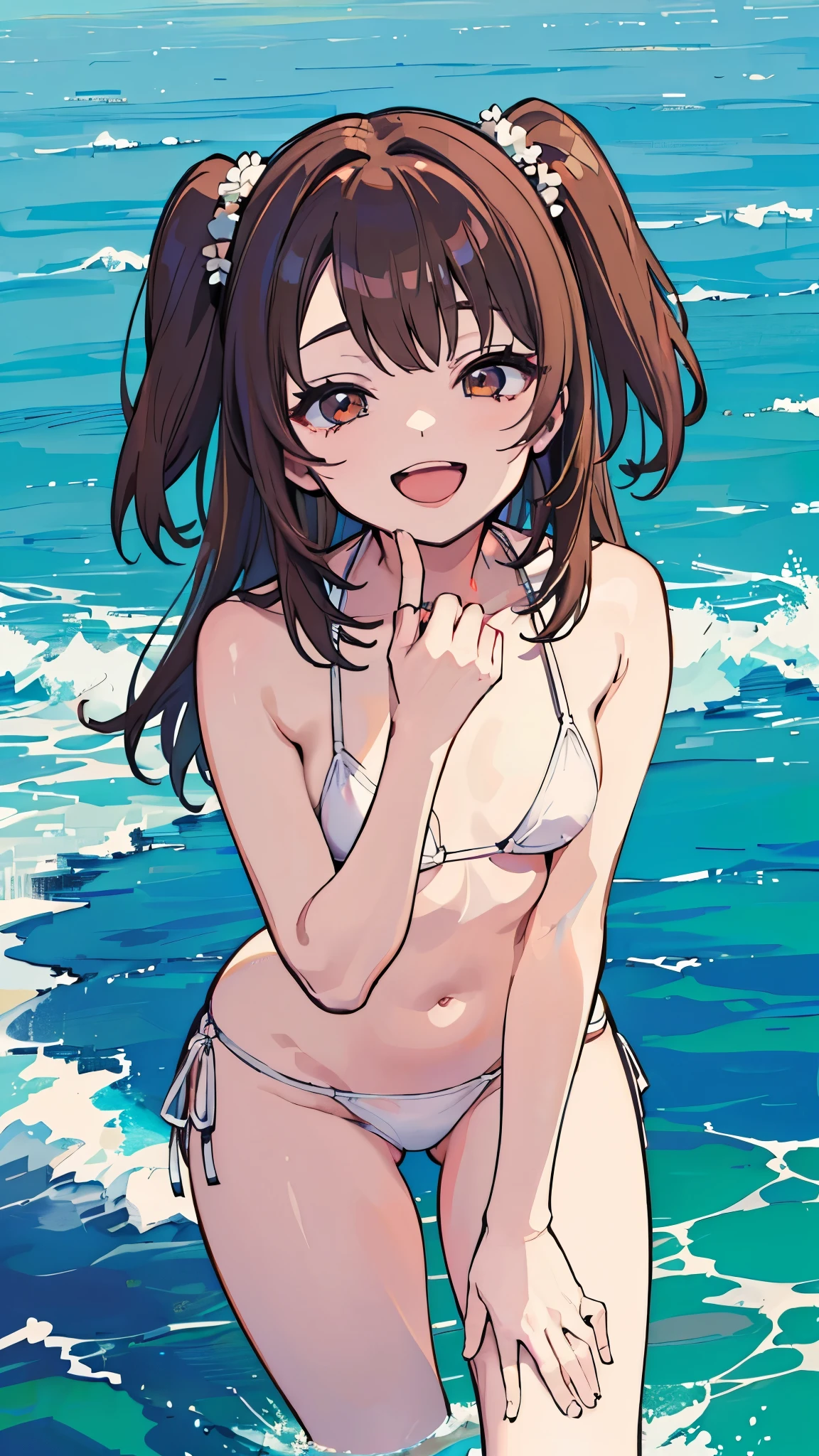 (absurdres, 8k, 4k, masterpiece, hyper extreme detailed:1.2), solo, 1girl, front view, portrait, best quality, expressive eyes, perfect face, 1girl, portrait, solo, standing, Female, toned body, mature female, small breasts, pale, hair covering one eye, dark brown hair, long hair, eyepatch, sarcastic, snarky, soldier, adult, hazel eyes, delinquent, sarcastic, white jacket tied around waist, brown swimsuit, two piece, bikini, beach background, hand to head, smirk, beach towel, crazy eyes, messy hair, swept bangs, midriff,