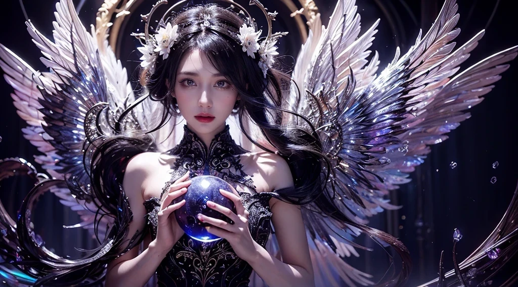 top-quality、masterpiece、超A high resolution、(Photorealsitic:1.4)、Raw photo、女の子1人、Black hair、glowy skin、1 Mechanical Angel、large metal wings、Shining Angel Circle、((super realistic details))、portlate、globalillumination、Shadow、octan render、8K、ultrasharp、Colossal tits、Raw skin is exposed in cleavage、metals、Details of complex ornaments、Steampunk details、vacuum tubes、Nixie Kan、Oil pressure gauge、Glass Kan、Analog Meter、gear wheel、gear、Golden hydraulic cylinder、highly intricate detail、Realistic light、CGSoation Trends、a purple eye、radiant eyes、Facing the camera、neon details、Mechanical limbs、blood vessels connected to tubes、Mechanical vertebrae attached to the back、mechanical cervical attaching to neck、sitting on、Wires and cables connecting to the head、evangerion、Small LED lamp、Sumerian details、