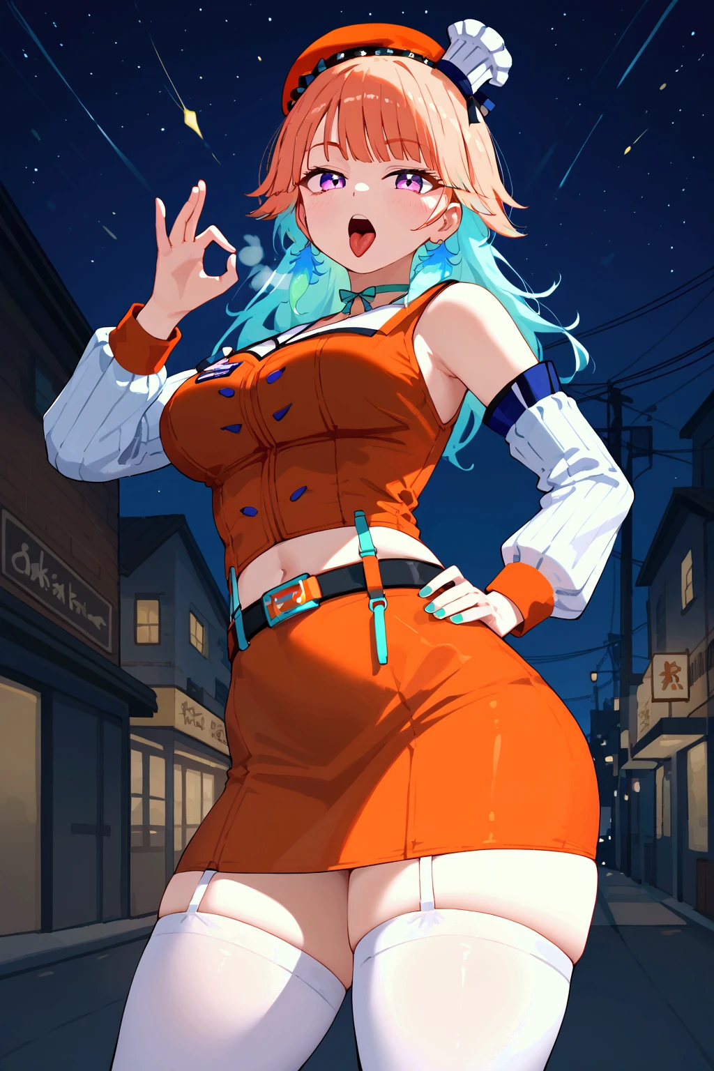 elijahzx style, score_9, score_8_up, 8k, TakanashiKiara, KiaraBase, long hair, bangs, turquoise inner colored hair, feather earrings, large breasts, narrow waist, wide hips, thick thighs, turquoise nails, orange beret, mini chef hat, ribbon choker, orange vest, detached sleeves, white sleeves, midriff, orange miniskirt, belt, white thighhighs, solo, 1person, hand on hip, fellatio gesture, blowjob gesture, ok sign, from front, smug, tongue out, open mouth, upper teeth, heavy breathing, perfect hands, 5 fingers, looking at viewer, hand on hip, standing, outdoors, alleyway, night, night sky, stars, close-up, zoom in, center frame, 5 fingers,