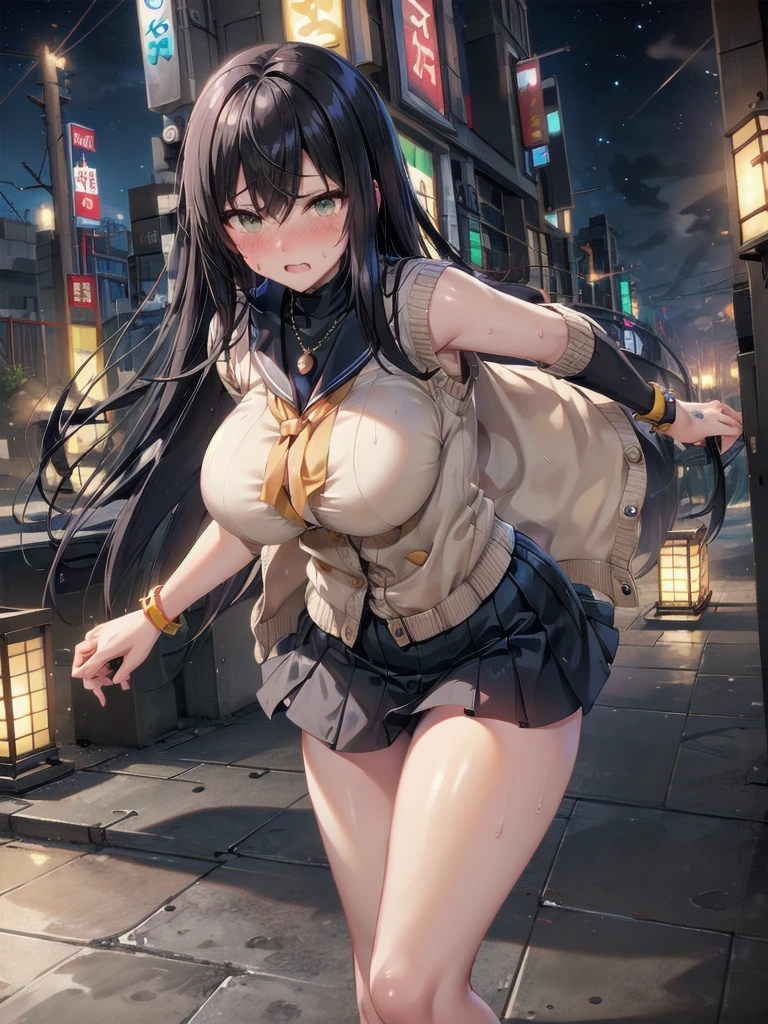 A woman in the form of an anime character, with large breasts and a voluptuous figure, stands embarrassed on a busy street corner. She wears a mini skirt that exposes her legs, her face flushing red with shame as she looks away from passing bystanders. Her mouth is tightly closed, trying to keep her embarrassment hidden. She clutches her hands in front of her, trying to conceal the telltale signs of her situation. The sunlight catches her long, flowing black hair, highlighting her curvaceous figure and adding to her allure. Despite her embarrassment, there's a seductive glint in her eyes that can't be ignored. The scene is vividly detailed