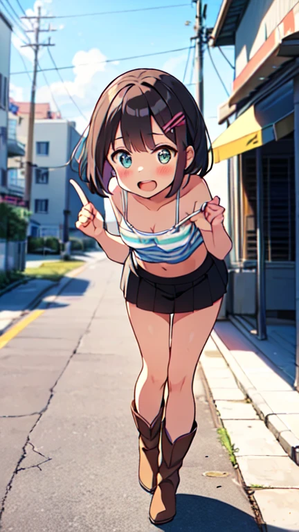 Beautiful illustration, best quality, cute girl, ((On the middle of a street)), ((From behind)), ((Squatting)), pastel color, natural tones, ((Black hair)), ((Cute girl)), ((Looking back at viewer)), ((Slim body)), ((Cap)), ((Black bikini top)), ((Tight bikini bottom)), ((Grin)), (Blush), bright lighting, ((Big eyes)), ((Perfect hands))