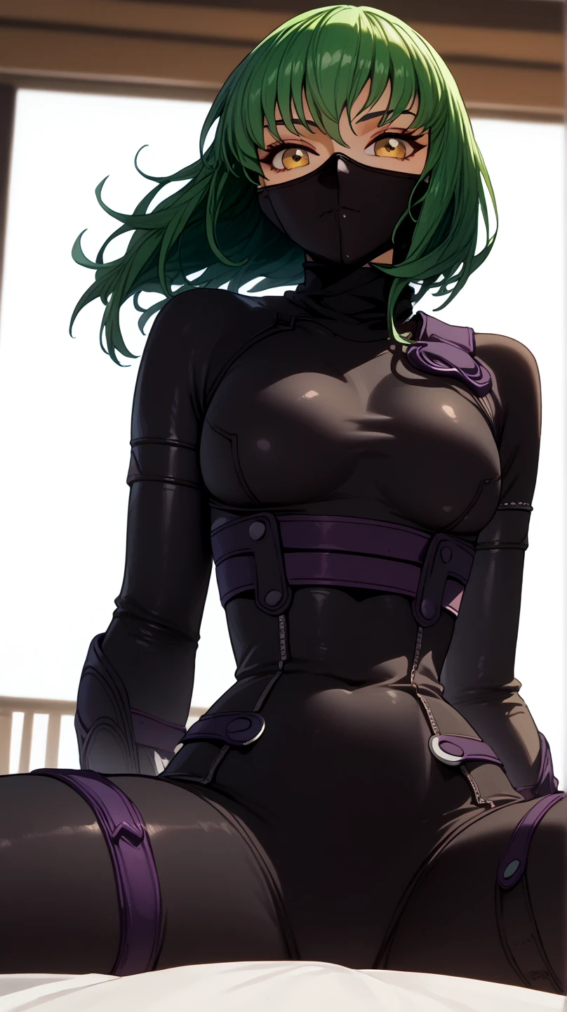                                                
  skin tight black body suit　 bed　                             invited position 　 sexy　 showing private parts 　 open thighs　 　　　M-shaped legs　                      
   ecstatic expression　
c.c.  ninja mask mouth mask　 Green　hair　長い髪, 