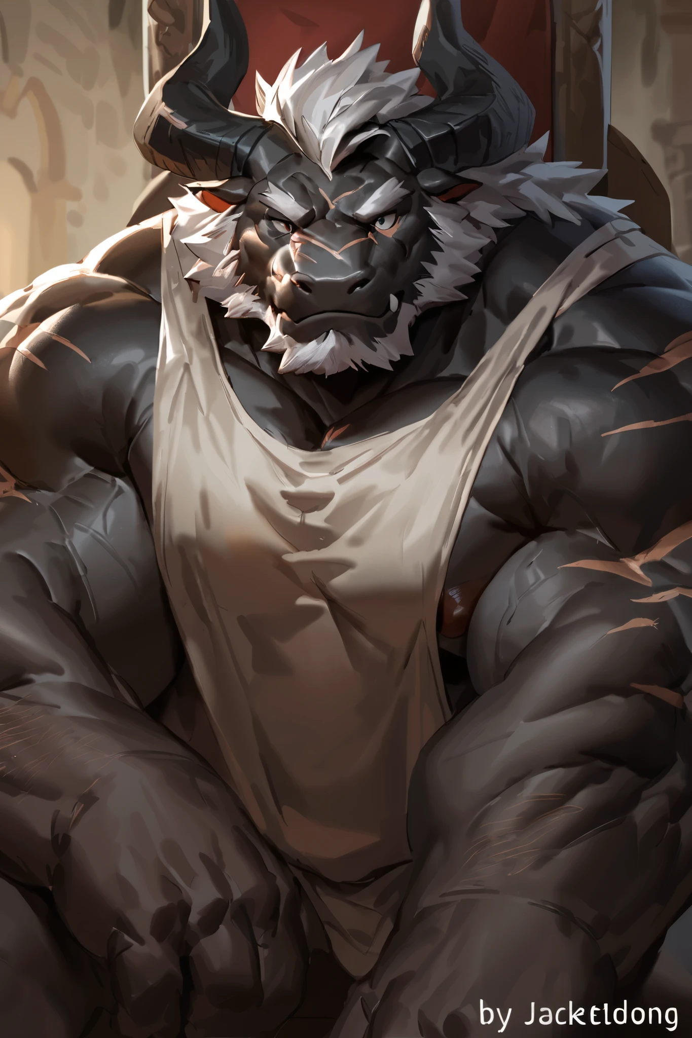 (epic,dynamic poses,dynamic angle,Alone,portrait),male,furry,((by lindong,by jacketbear)),nipples,alone,1boy,Huge Muscular,((furry,huge dragon daddy,dragon,tyrant,black body,white hair,Masculine,handsome face,scars,middle age,horn)),((serious face,Wear ancient Greek clothes)),thick chest hair, armpit hair,pectoral,(Muscular),hairy,(hair,  tank top  :1.3,clean face),(((in castle,gloomy,sitting on the throne,full of oppression))),((strong physique,tall and huge,tall,golden ratio body,wide shoulder,wide pec,huge pec,thick arms),hair,bearded,detailed,huge pectoral,wide pectoral),masterpiece,semirealistic:1.2,high detailed,8k,high resolution,pose,looking to camera,anatomically correct,best quality,sfw,high detail.((Add textures and details to make the image more realistic.))((Make sure the resulting image is high resolution,8K quality.))((detailed head,detailed eye,detailed face,detailed body,detailed hand))